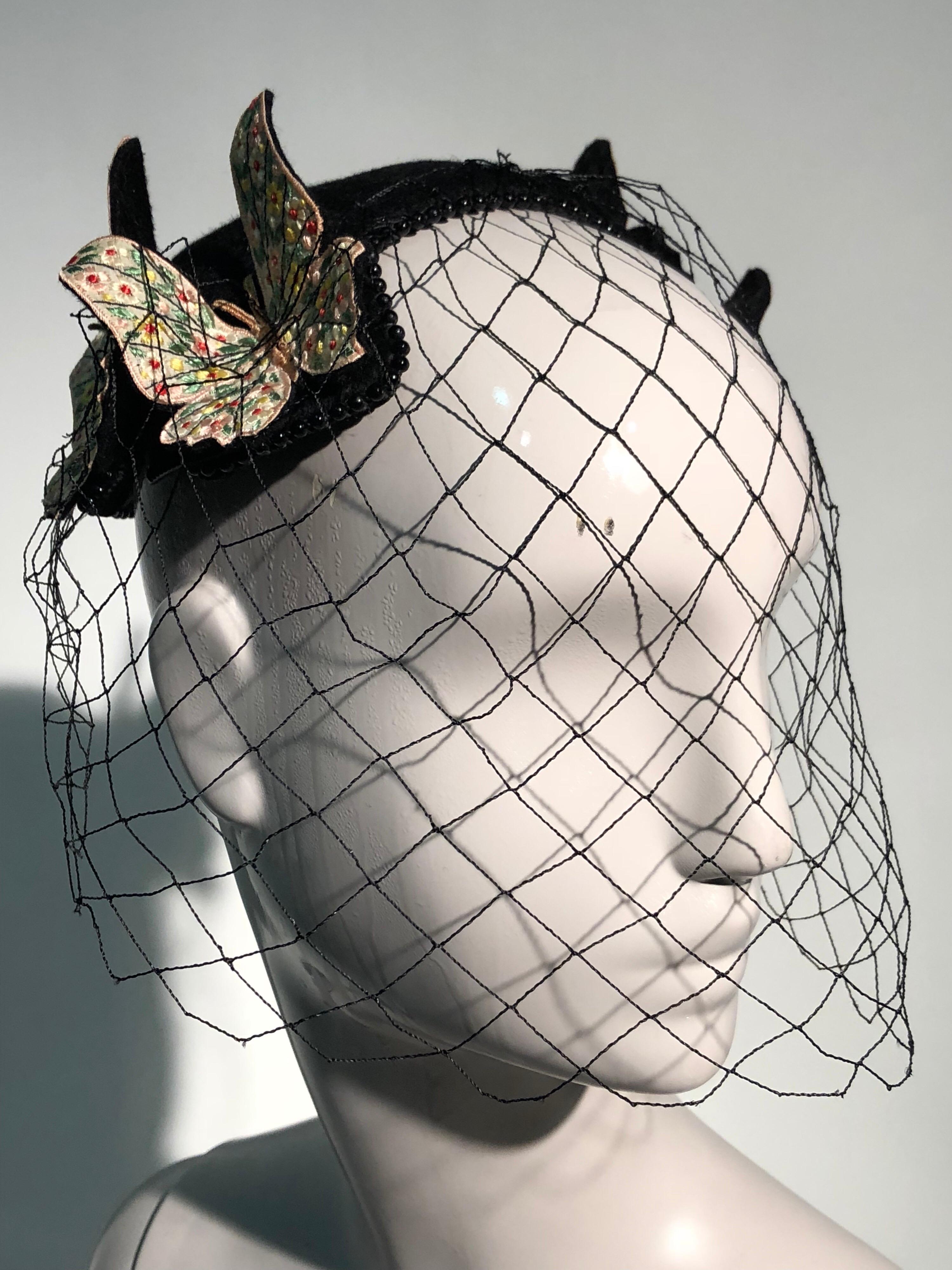 1966 Bes-Ben Black Felt Hat W/ Floral Embroidered Butterflies Bead Trim & Net  2