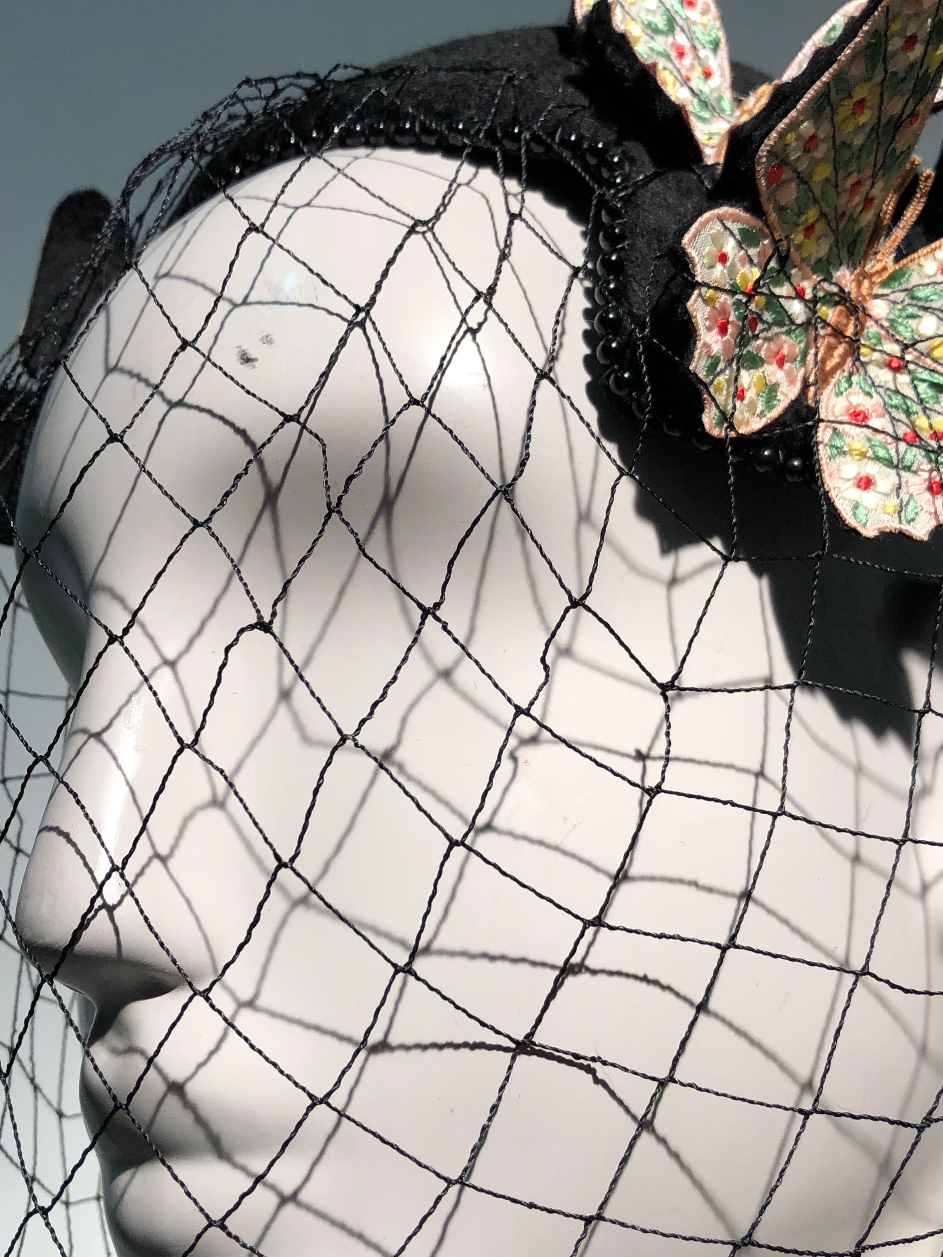 1966 Bes-Ben Black Felt Hat W/ Floral Embroidered Butterflies Bead Trim & Net  3