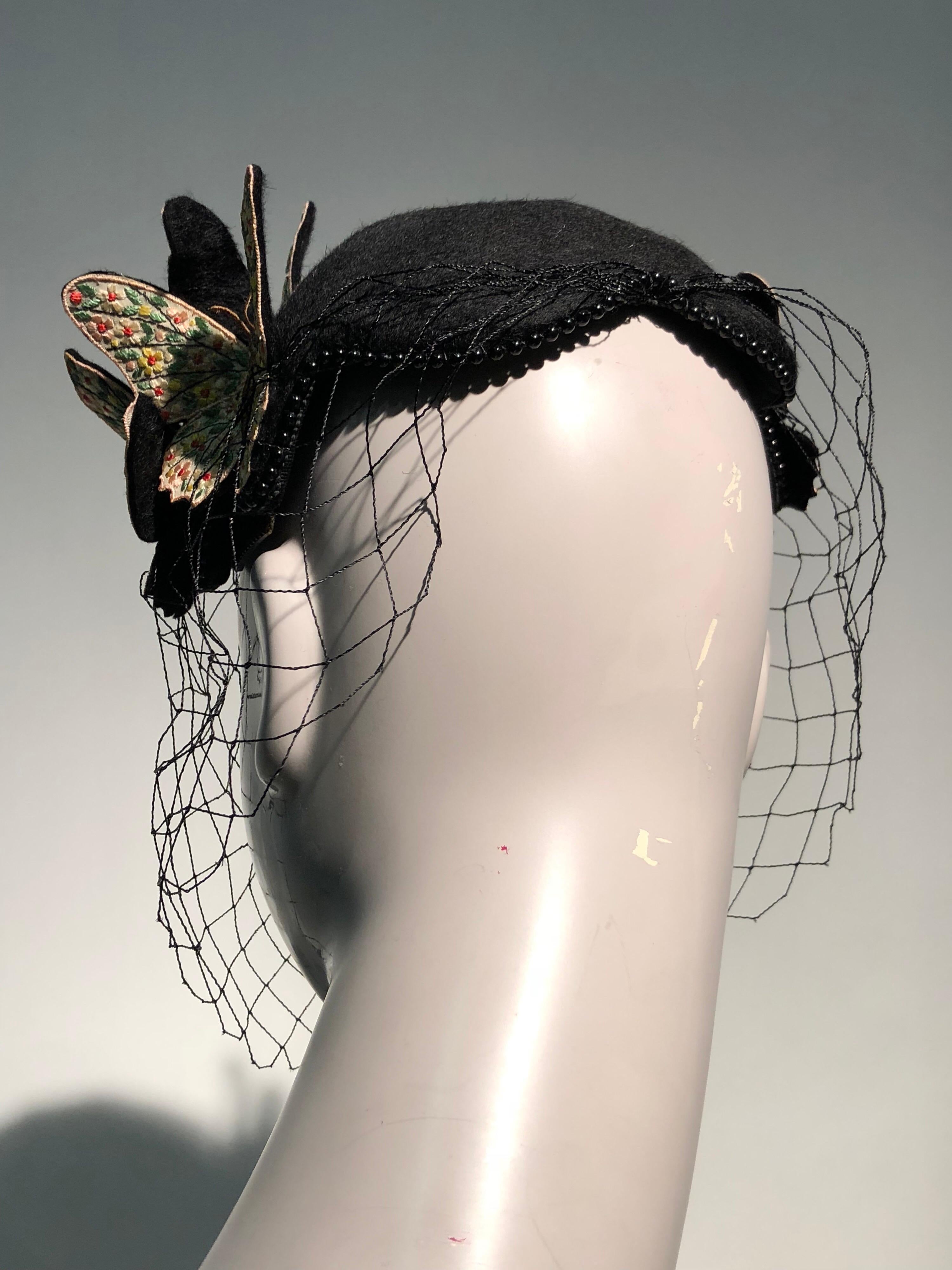 1966 Bes-Ben Black Felt Hat W/ Floral Embroidered Butterflies Bead Trim & Net  4
