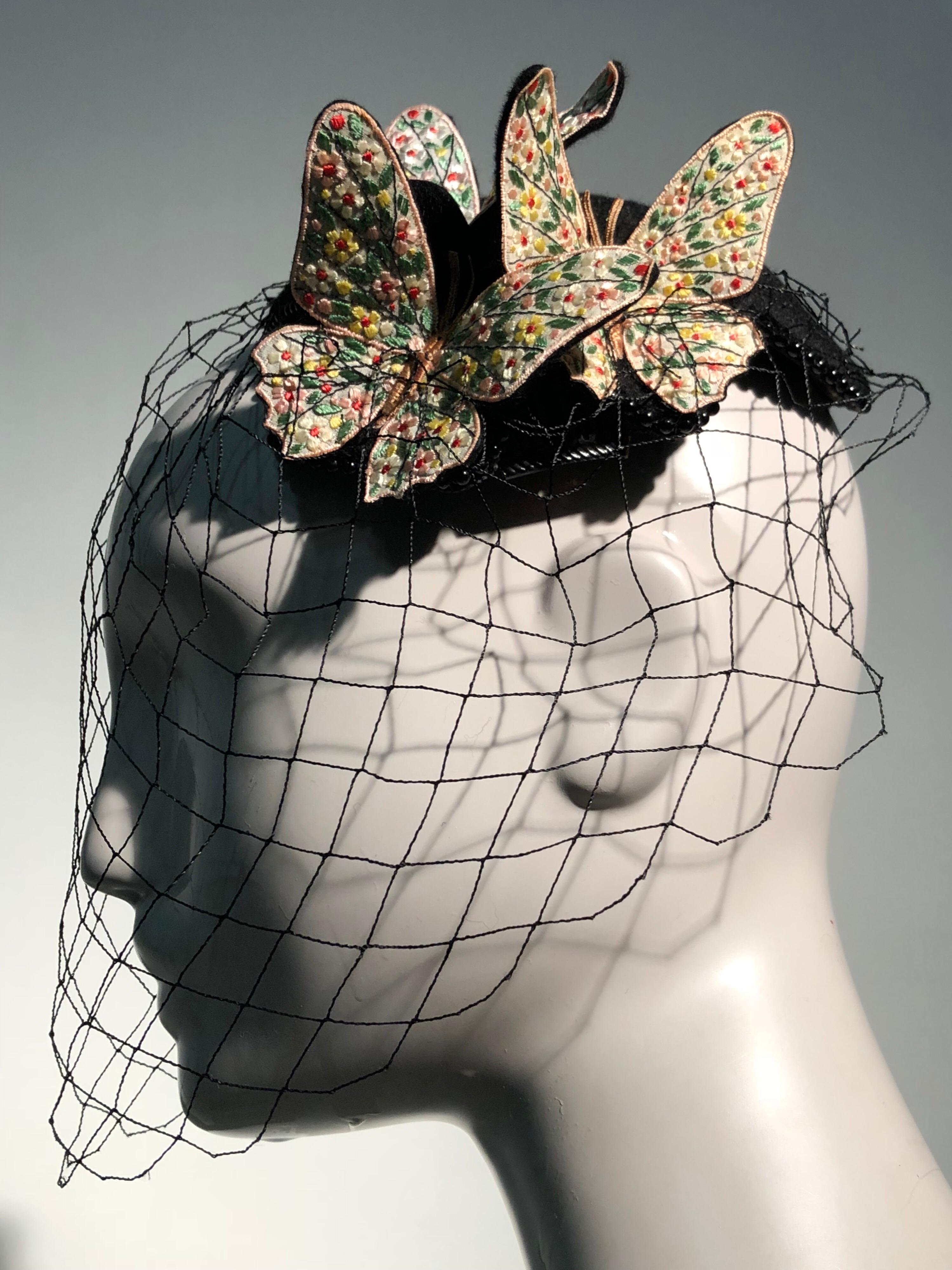 1966 Bes-Ben Black Felt Hat W/ Floral Embroidered Butterflies Bead Trim & Net  5