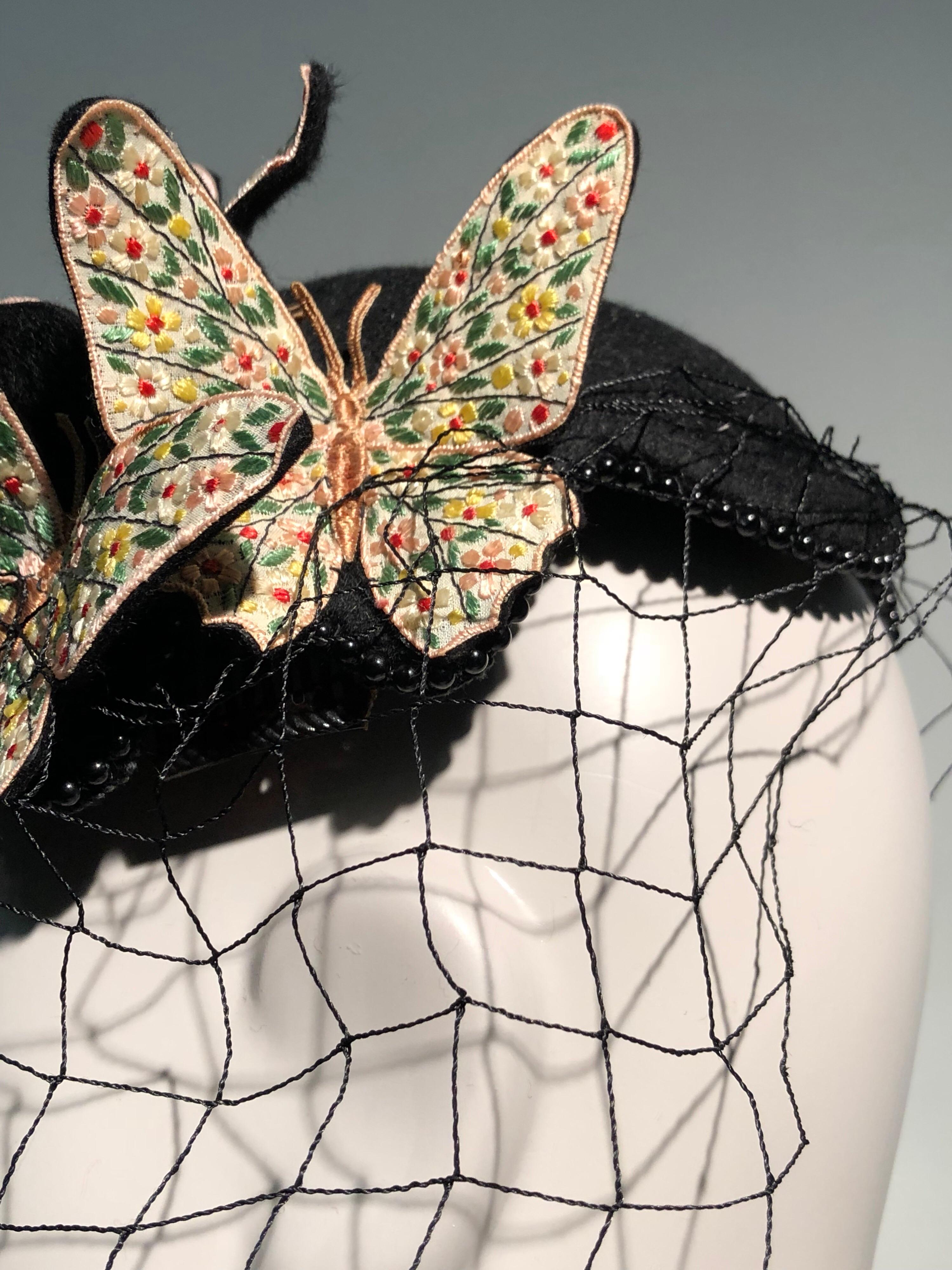 1966 Bes-Ben Black Felt Hat W/ Floral Embroidered Butterflies Bead Trim & Net  6