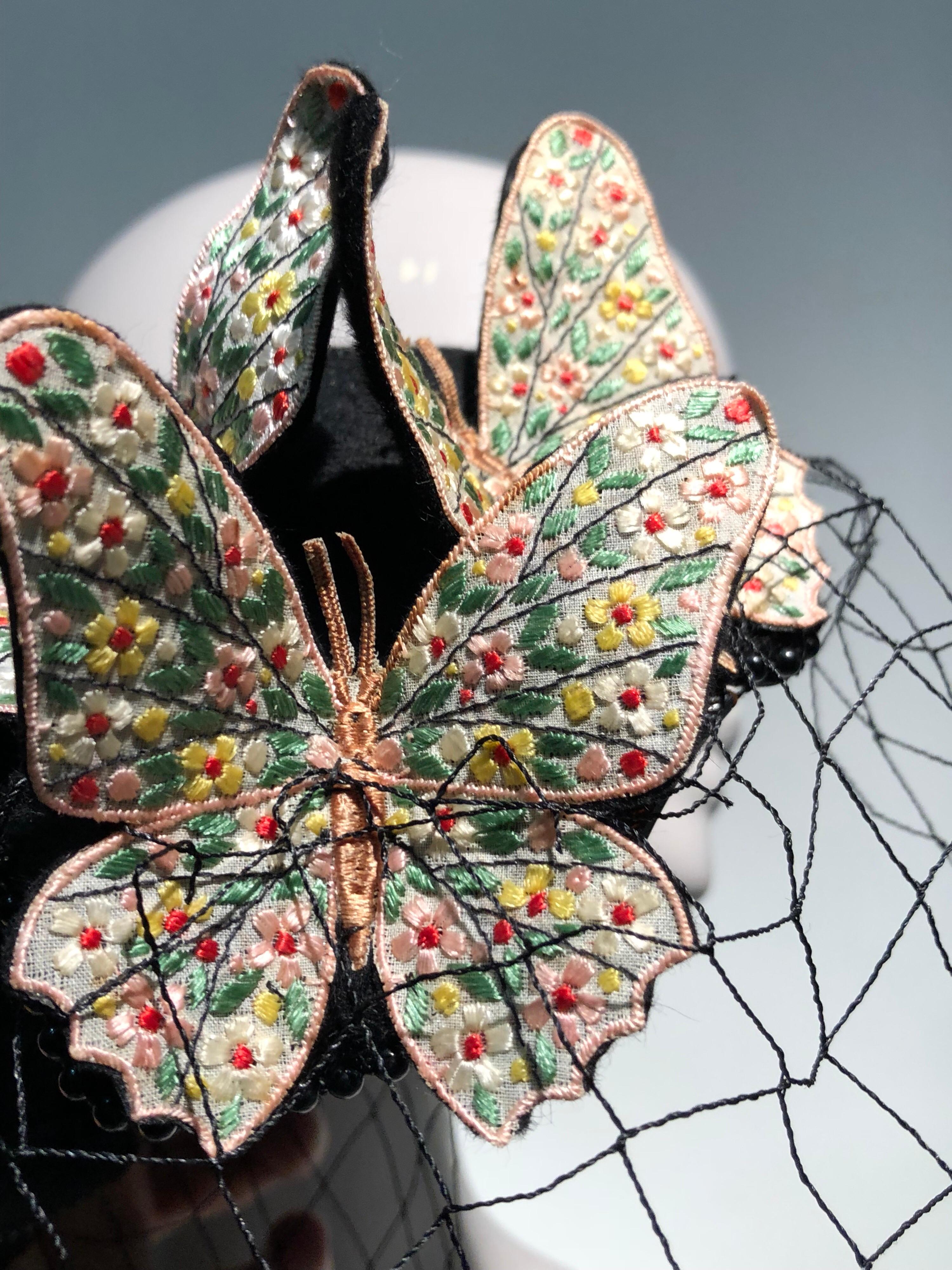 1966 Bes-Ben Black Felt Hat W/ Floral Embroidered Butterflies Bead Trim & Net  7