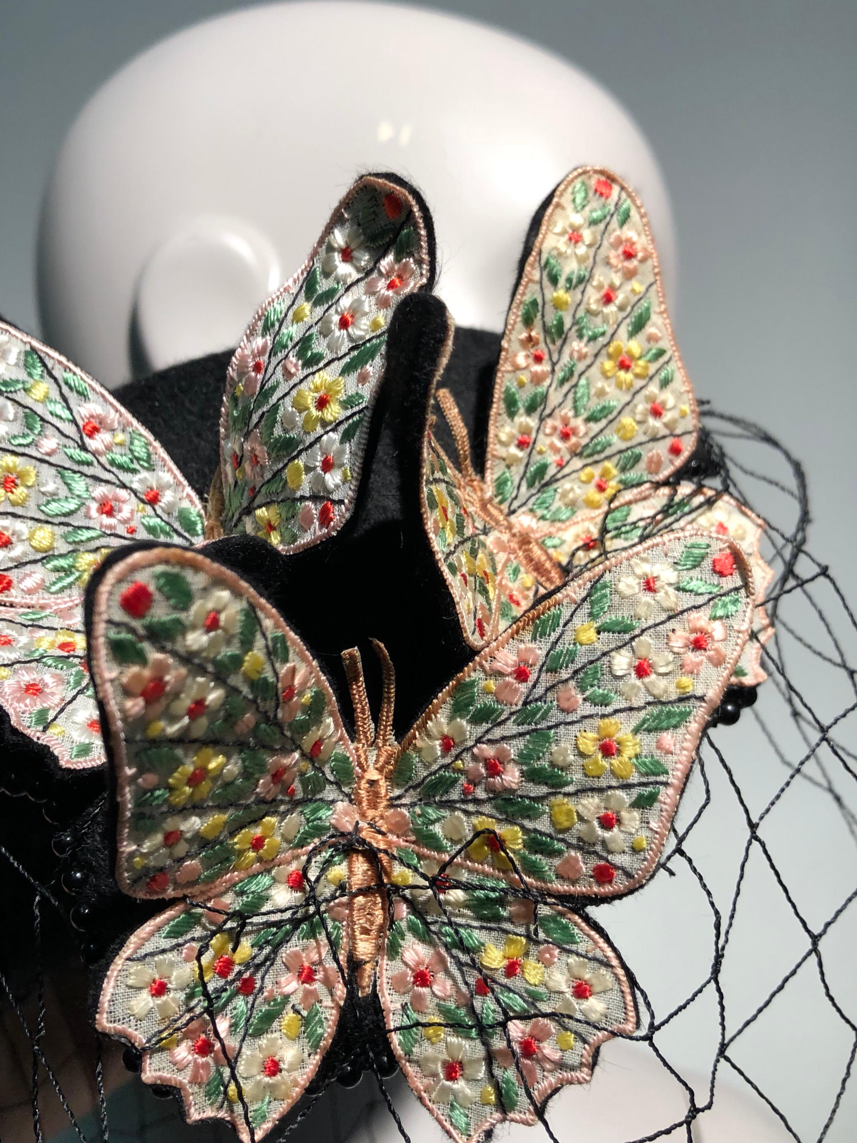 1966 Bes-Ben Black Felt Hat W/ Floral Embroidered Butterflies Bead Trim & Net  8