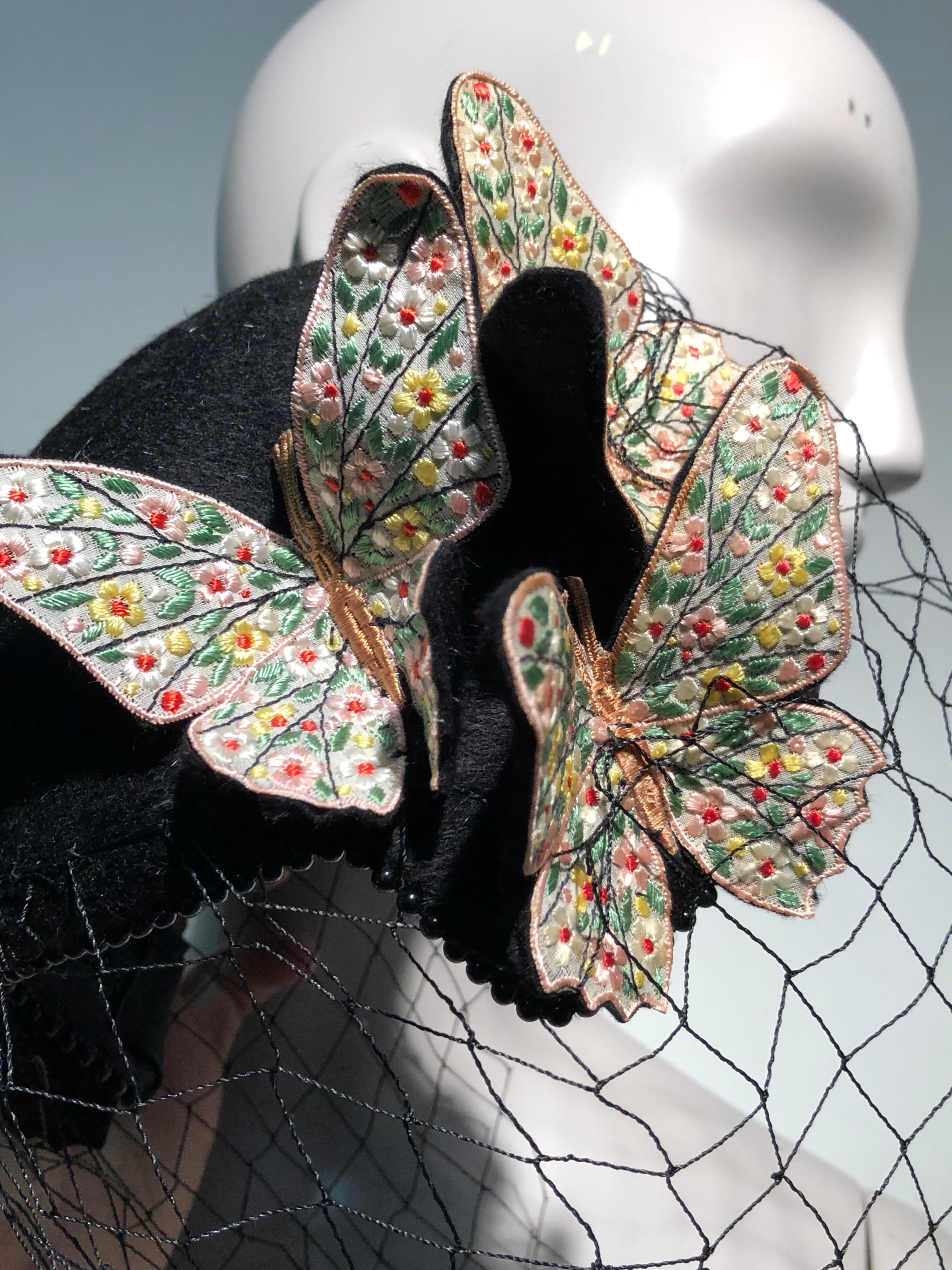 1966 Bes-Ben Black Felt Hat W/ Floral Embroidered Butterflies Bead Trim & Net  9