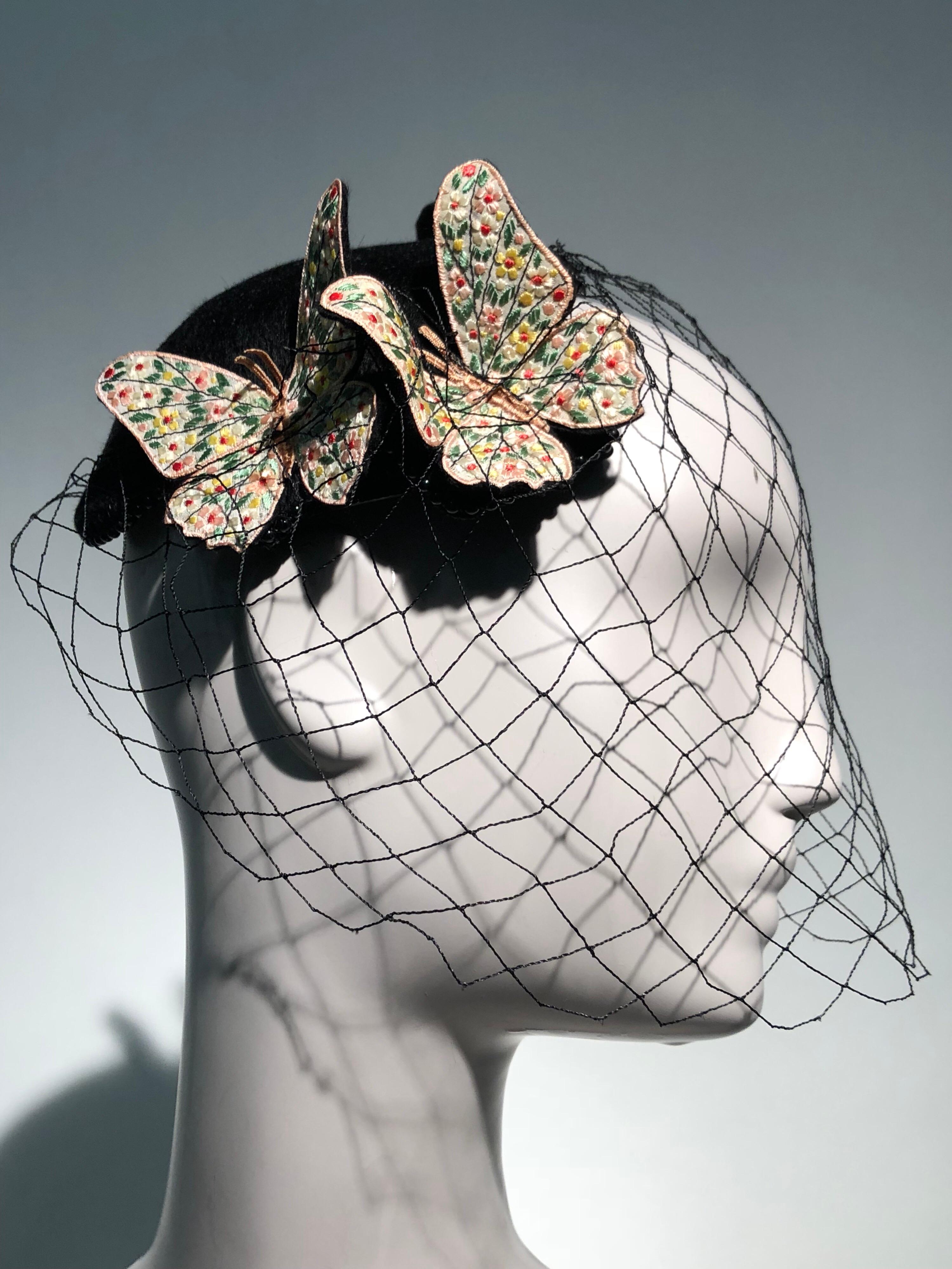 1966 Bes-Ben Black Felt Hat W/ Floral Embroidered Butterflies Bead Trim & Net  10