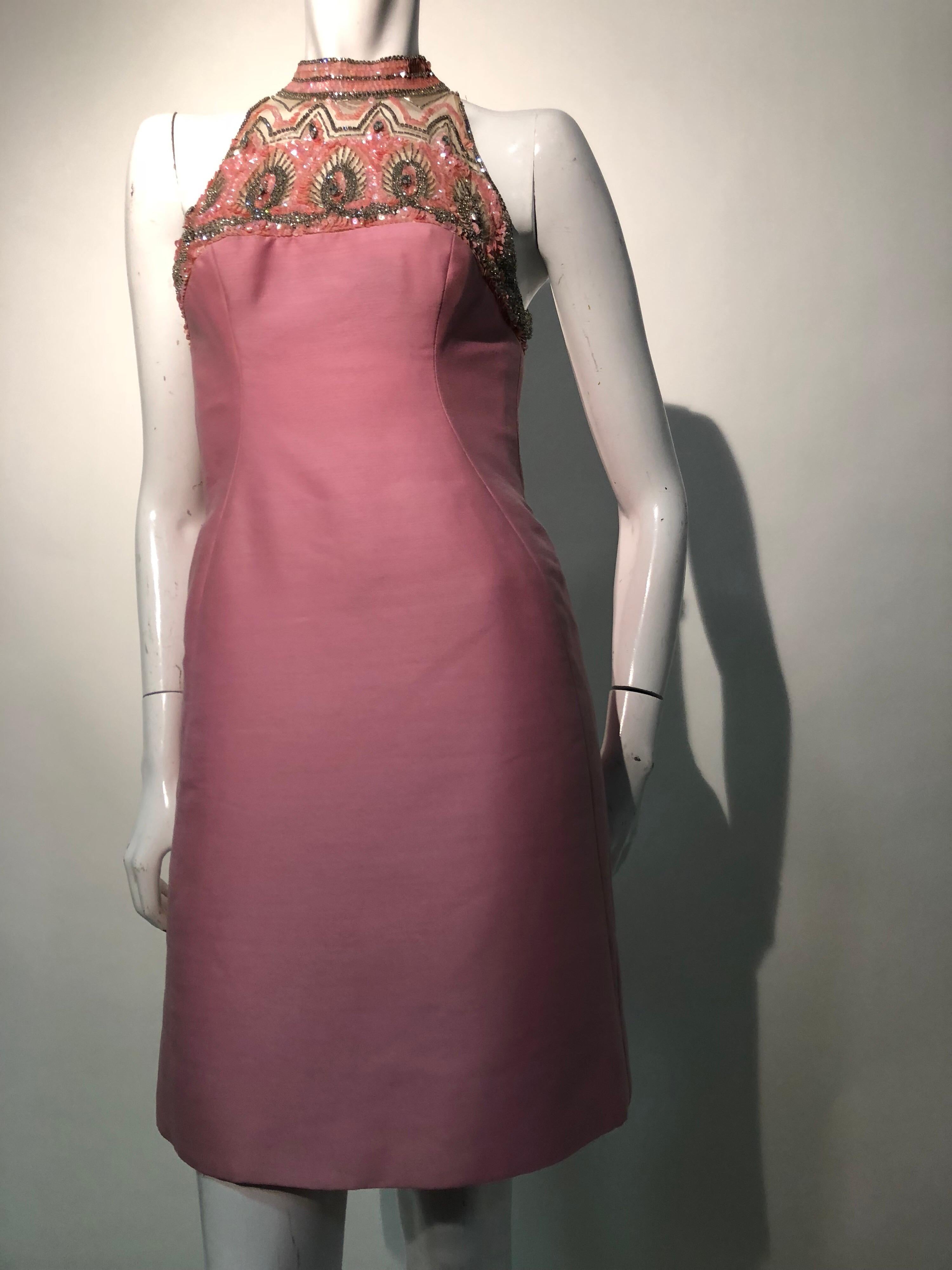 1960s Mr. Blackwell Pink Wool & Silk Blend Sheath Dress W/ Beaded Sequined Neck In Excellent Condition In Gresham, OR