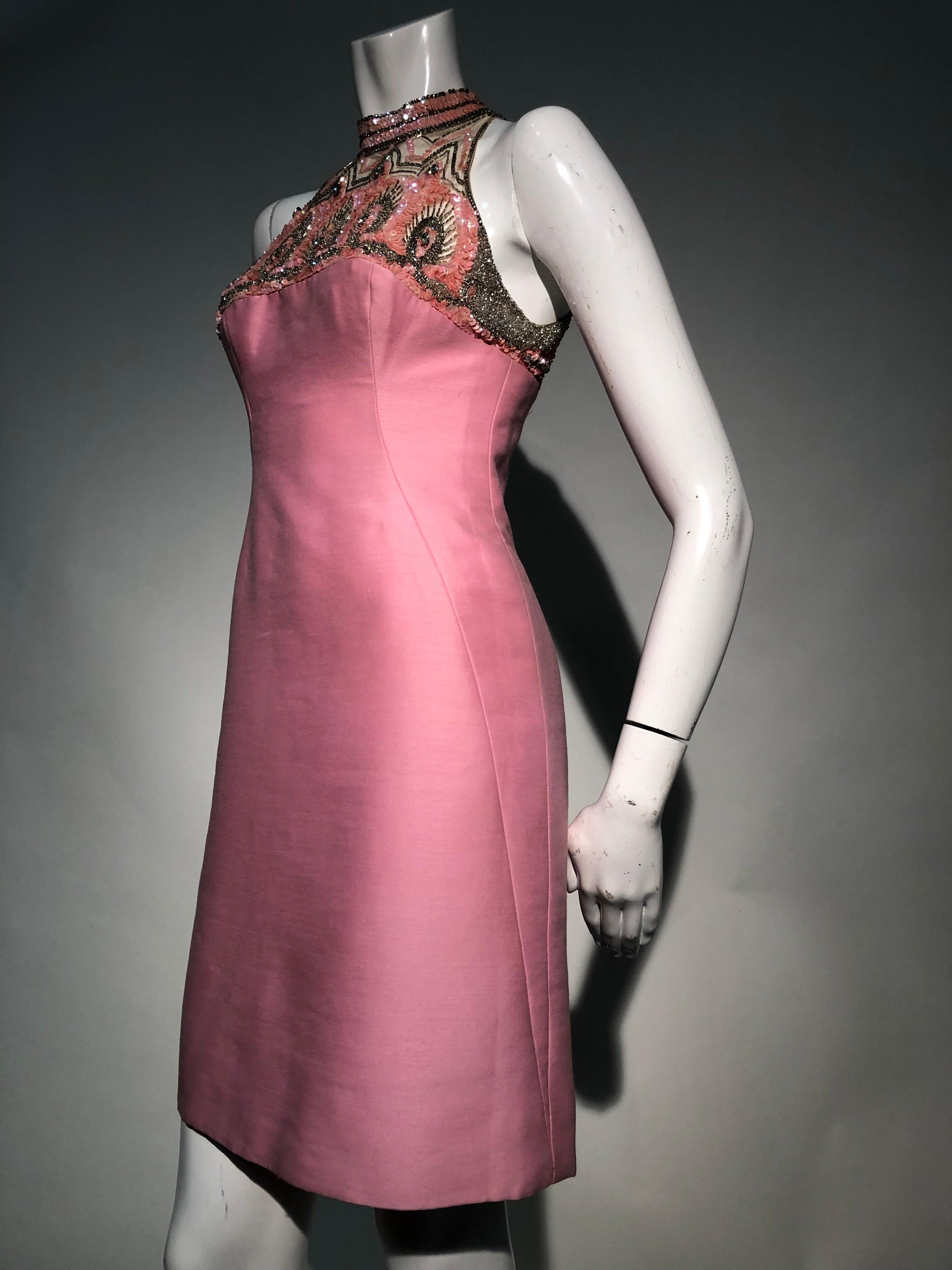 Women's 1960s Mr. Blackwell Pink Wool & Silk Blend Sheath Dress W/ Beaded Sequined Neck