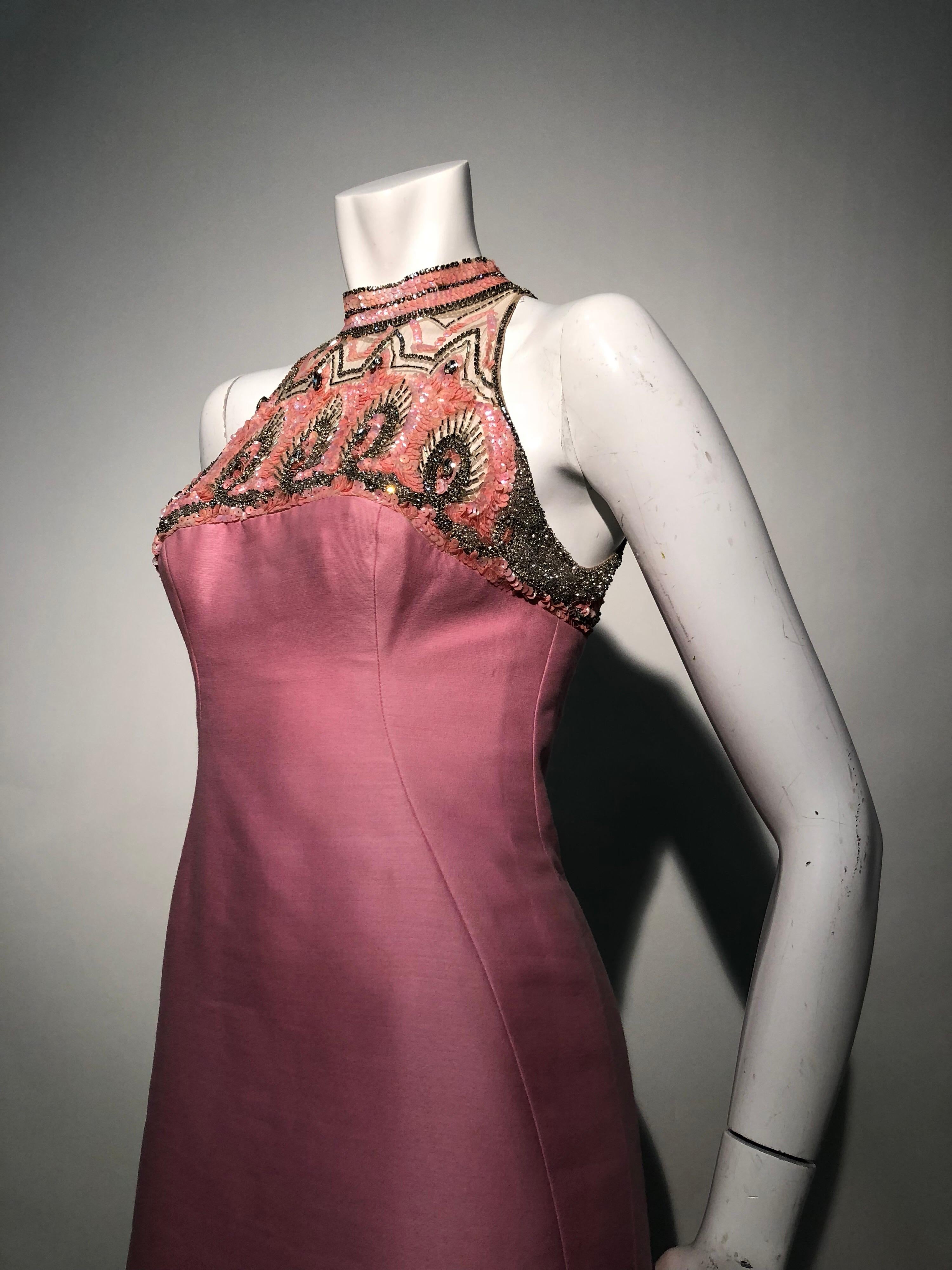 1960s Mr. Blackwell Pink Wool & Silk Blend Sheath Dress W/ Beaded Sequined Neck 1