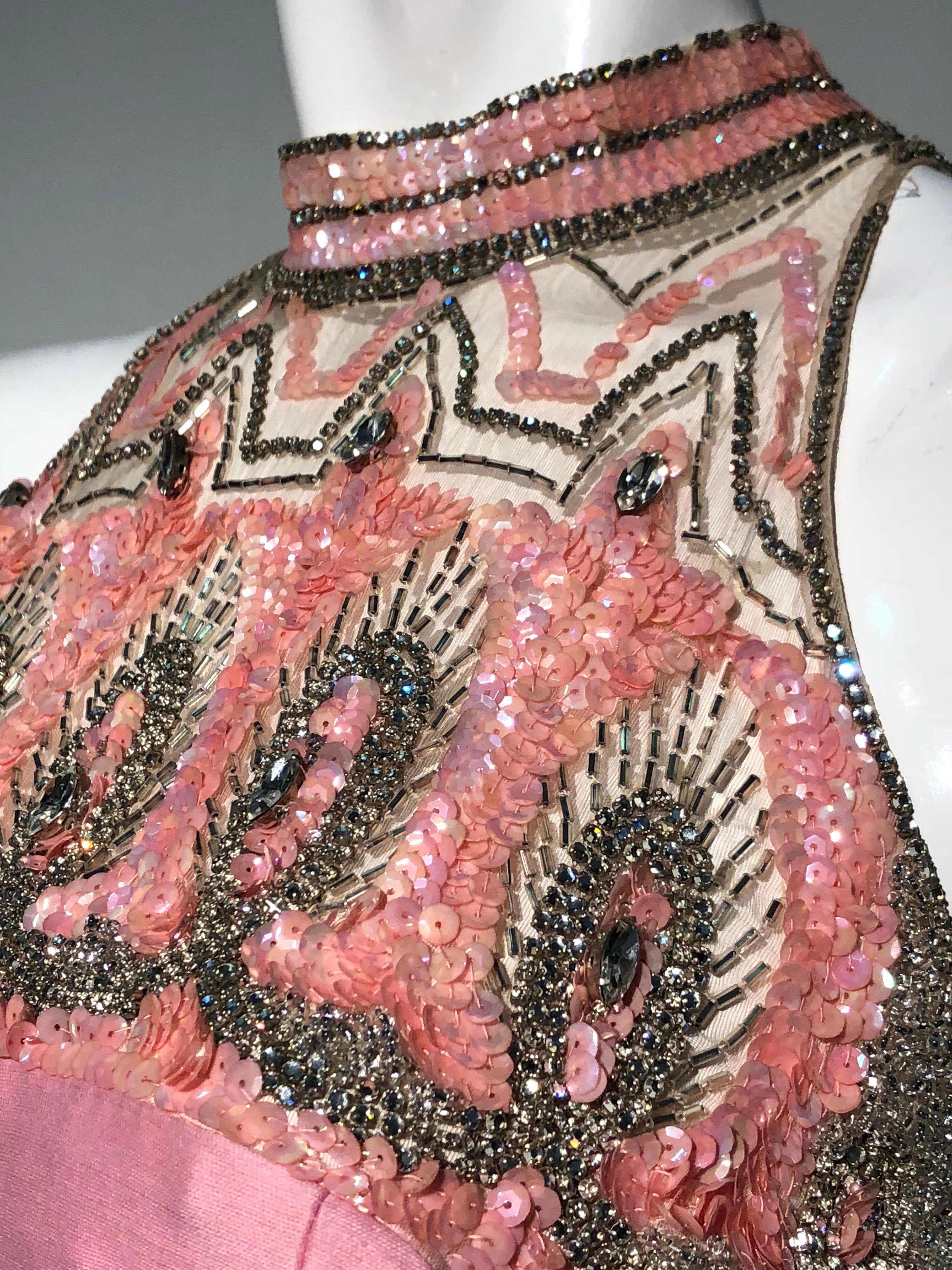 1960s Mr. Blackwell Pink Wool & Silk Blend Sheath Dress W/ Beaded Sequined Neck 2