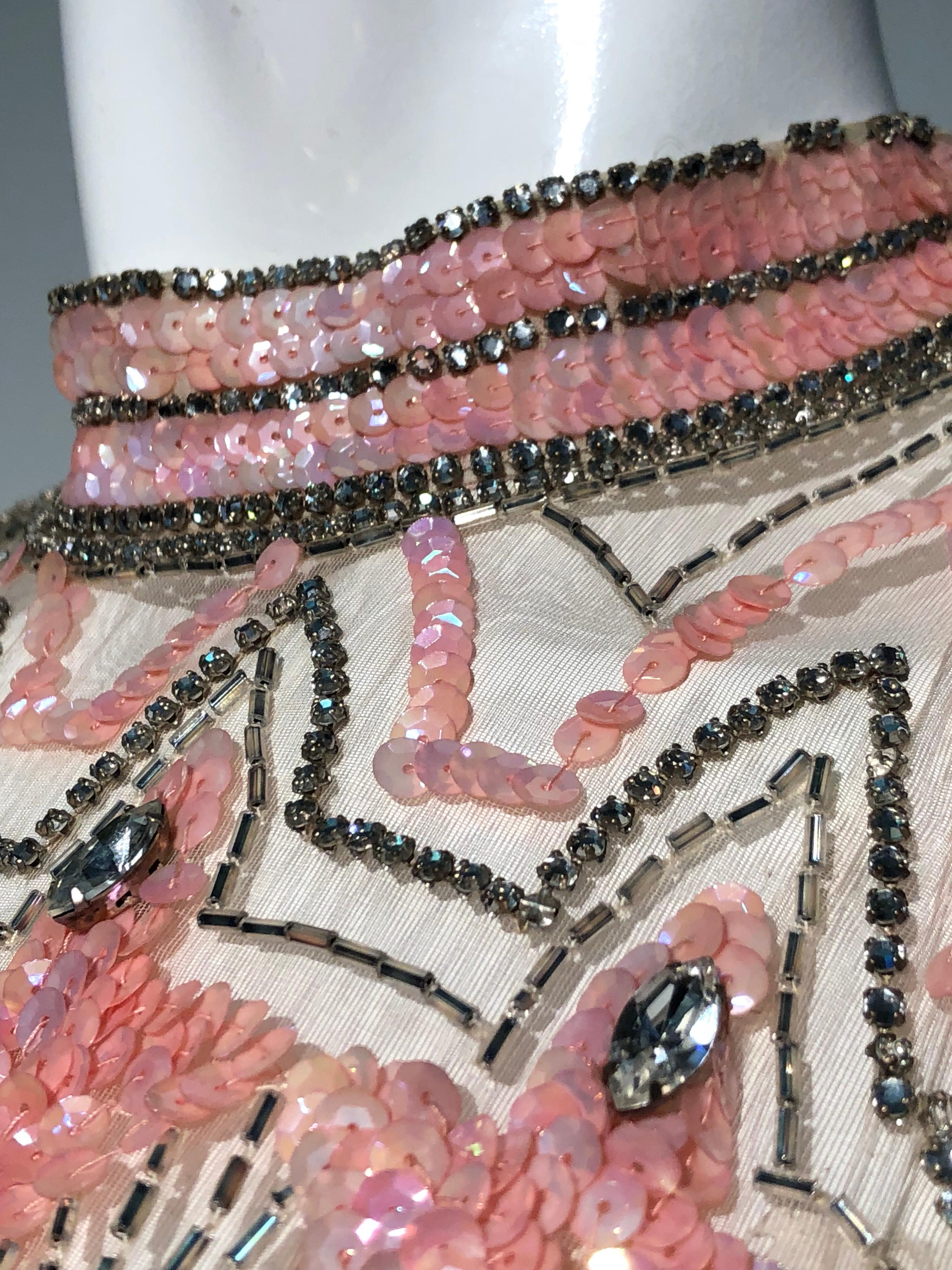 1960s Mr. Blackwell Pink Wool & Silk Blend Sheath Dress W/ Beaded Sequined Neck 3