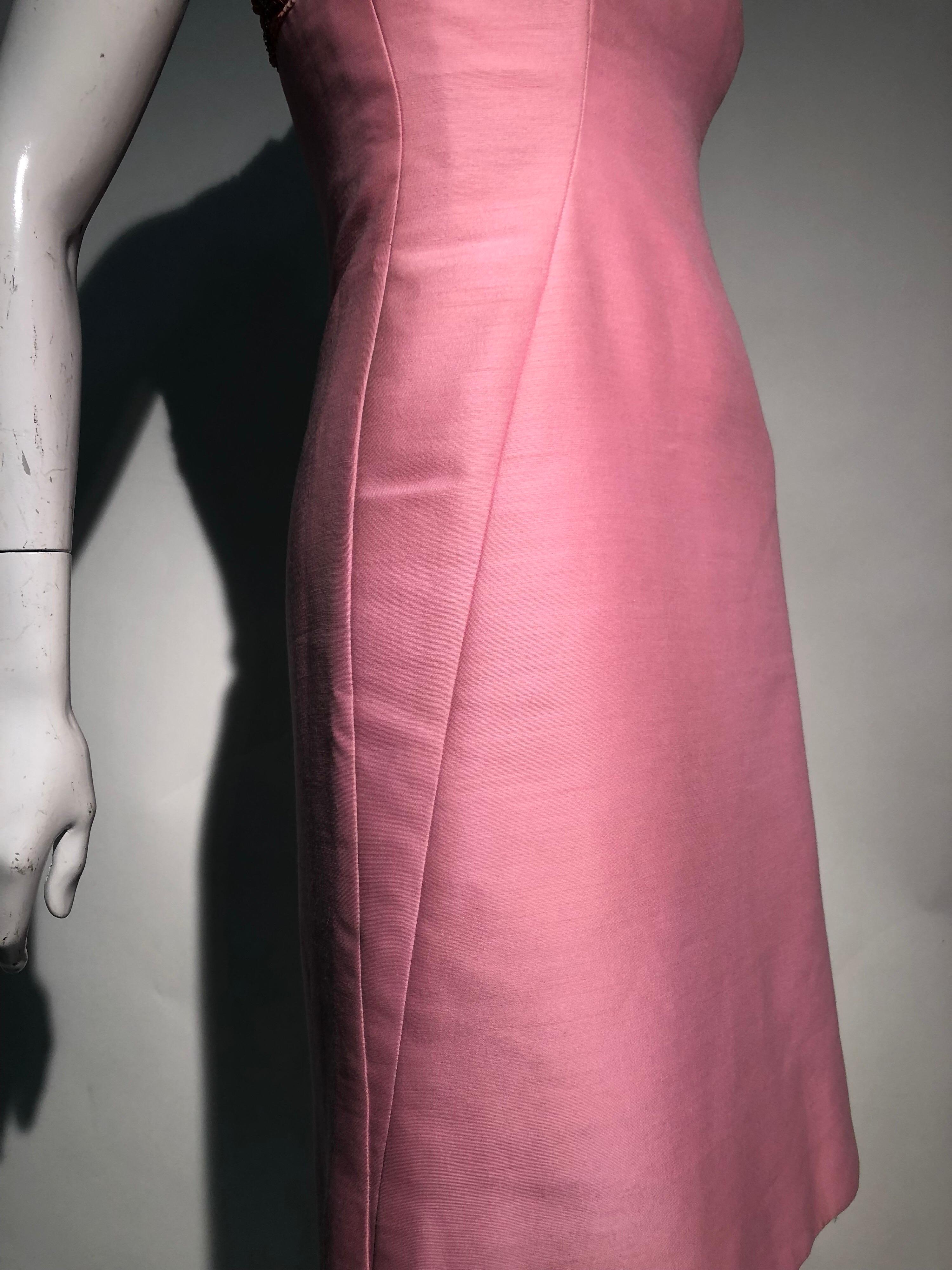 1960s Mr. Blackwell Pink Wool & Silk Blend Sheath Dress W/ Beaded Sequined Neck 4