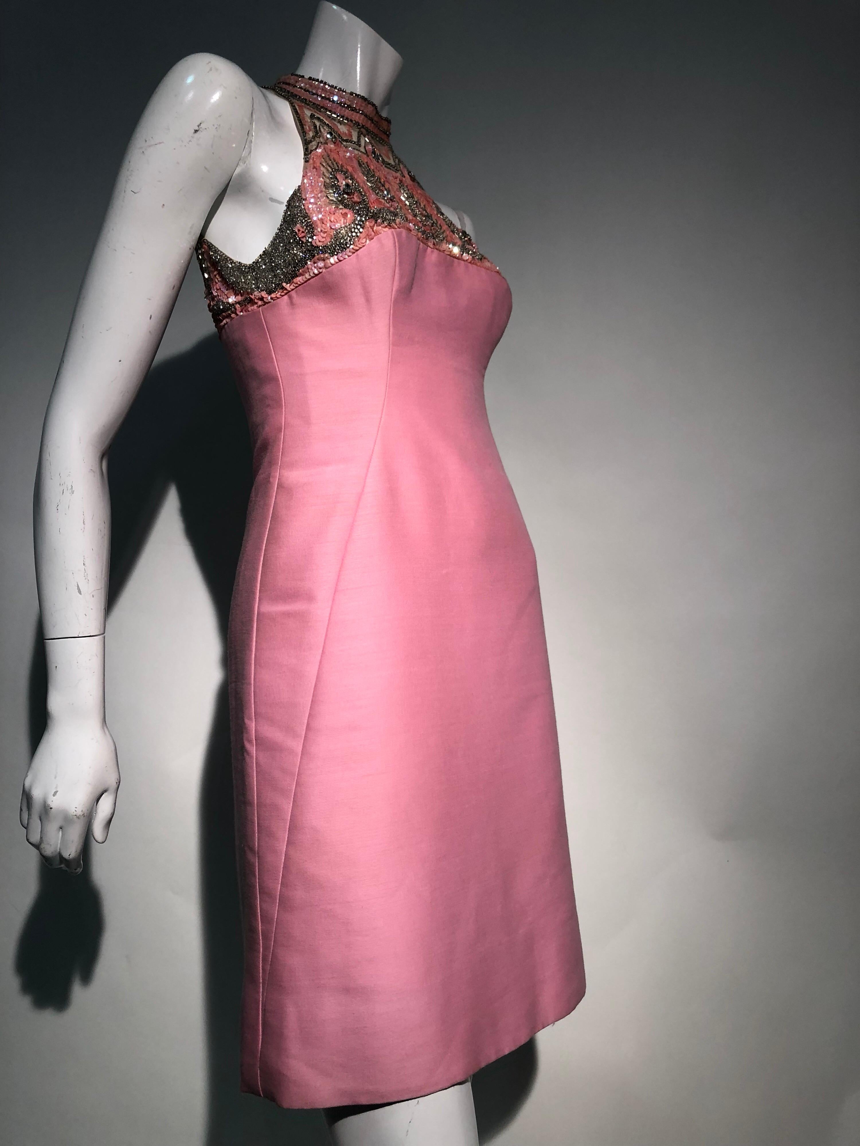 1960s Mr. Blackwell Pink Wool & Silk Blend Sheath Dress W/ Beaded Sequined Neck 5