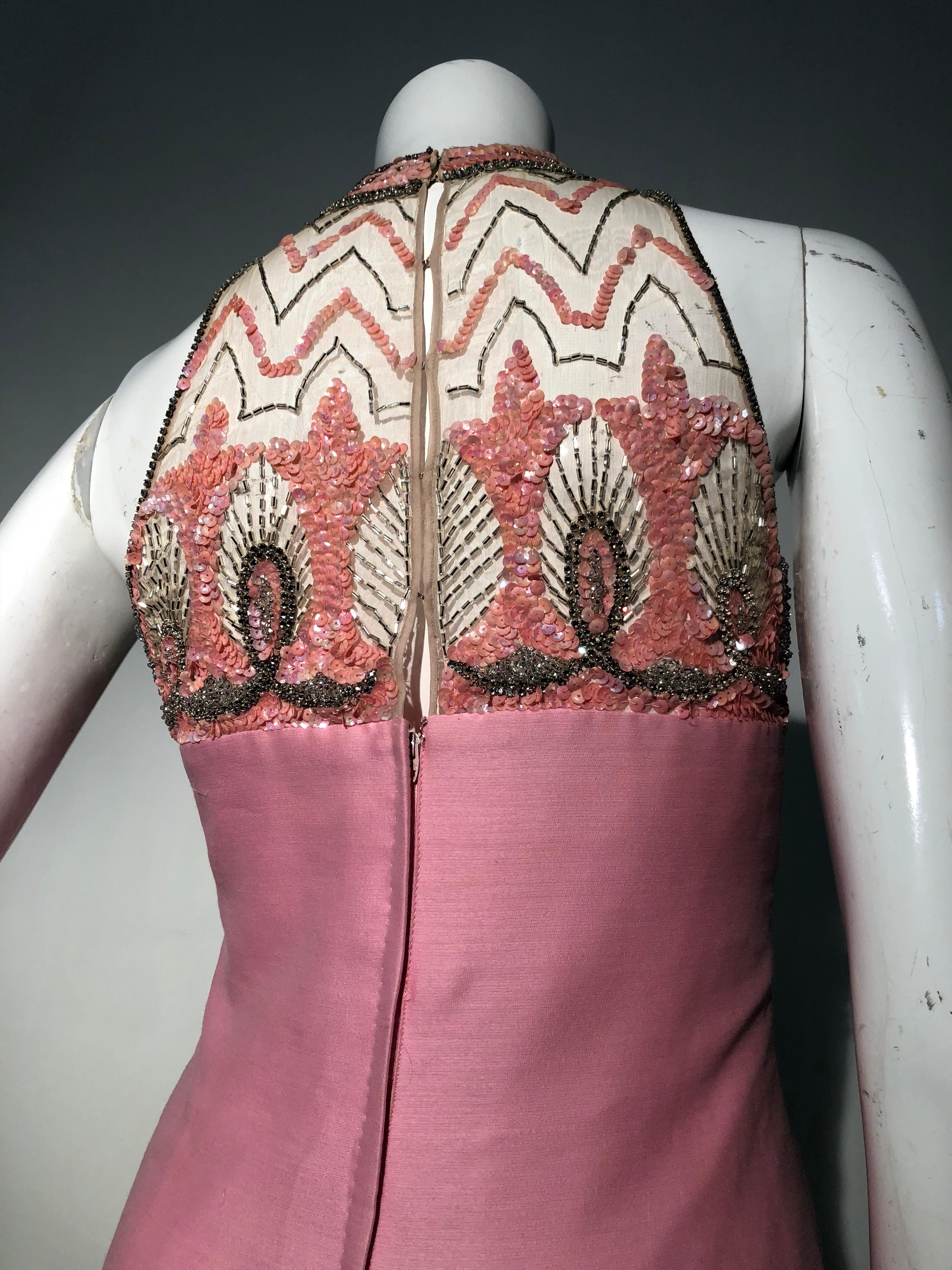 1960s Mr. Blackwell Pink Wool & Silk Blend Sheath Dress W/ Beaded Sequined Neck 6