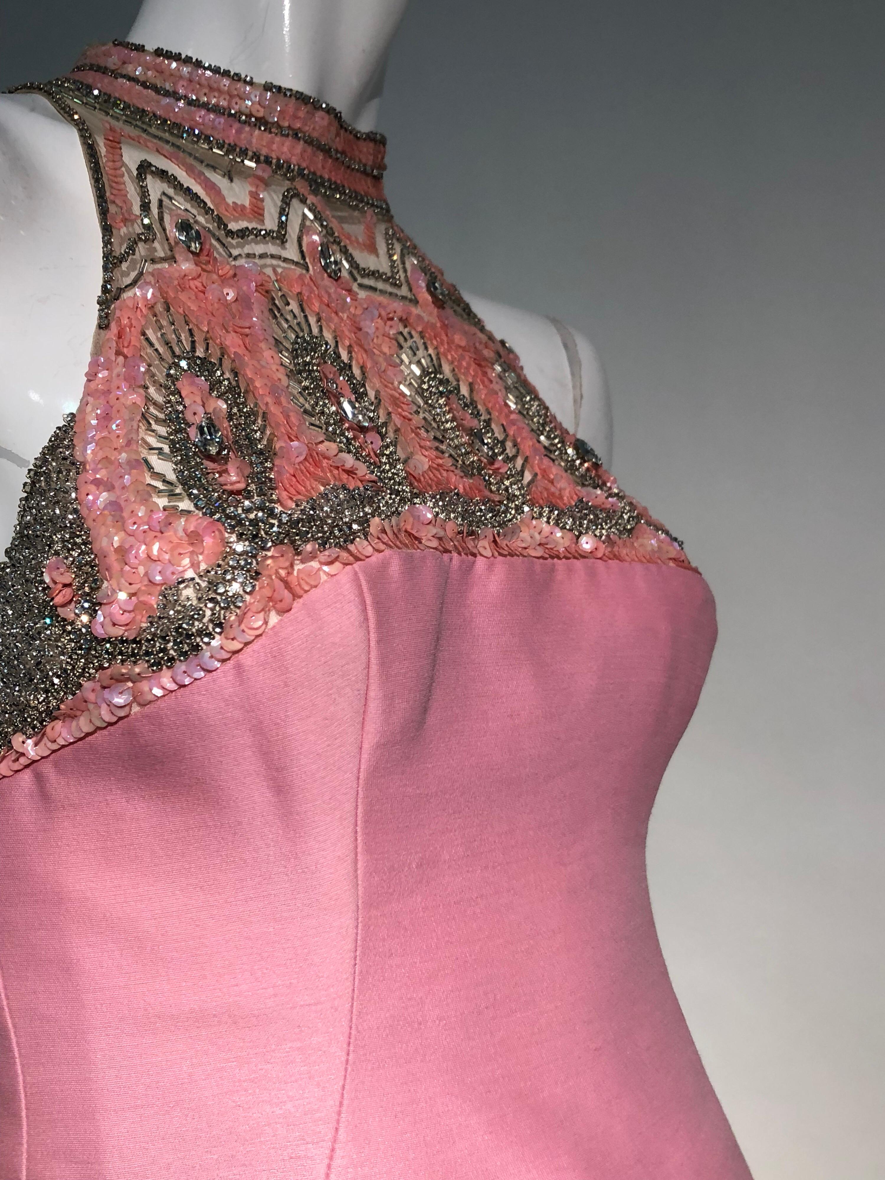 1960s Mr. Blackwell Pink Wool & Silk Blend Sheath Dress W/ Beaded Sequined Neck 7