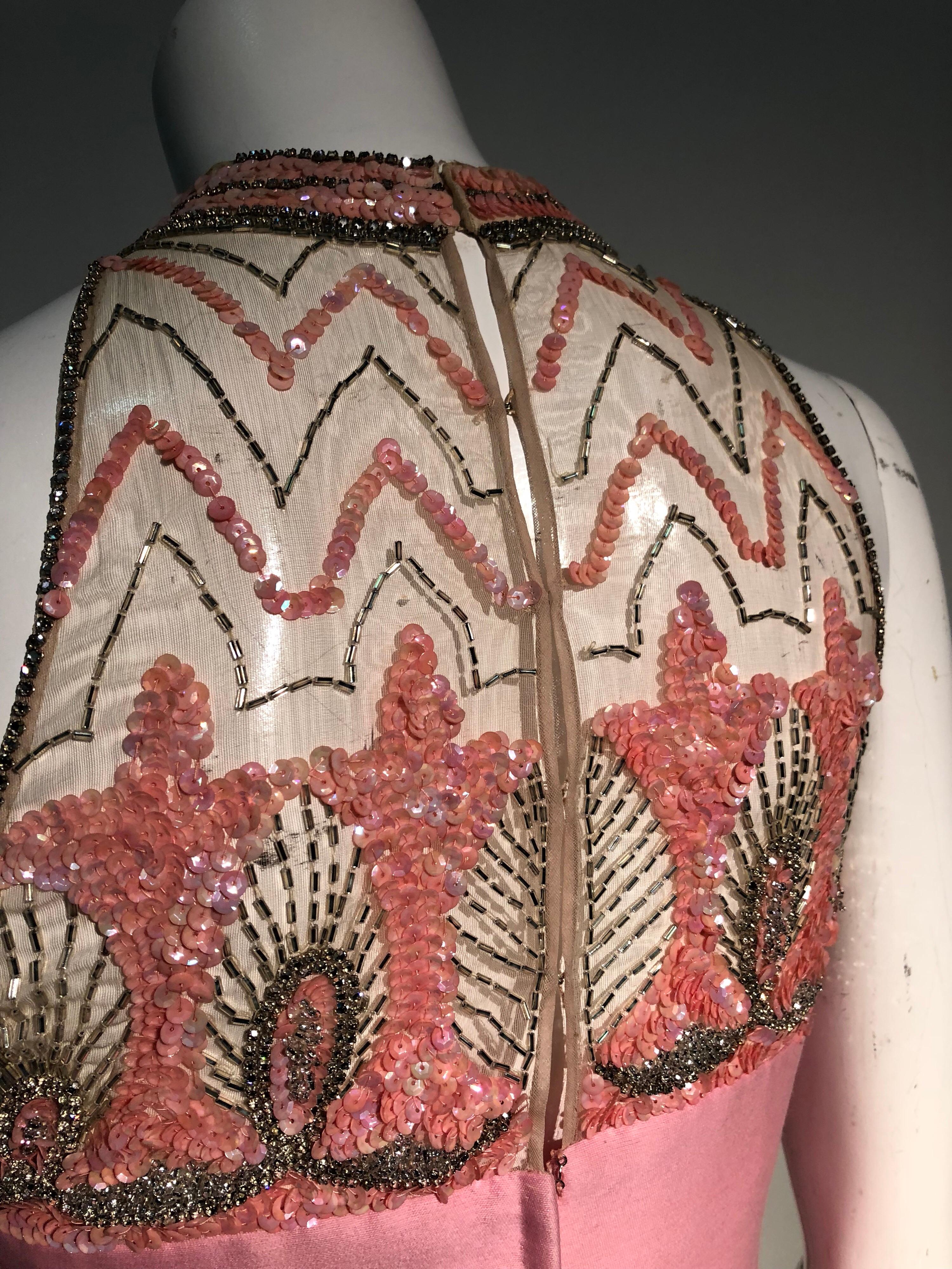 1960s Mr. Blackwell Pink Wool & Silk Blend Sheath Dress W/ Beaded Sequined Neck 8
