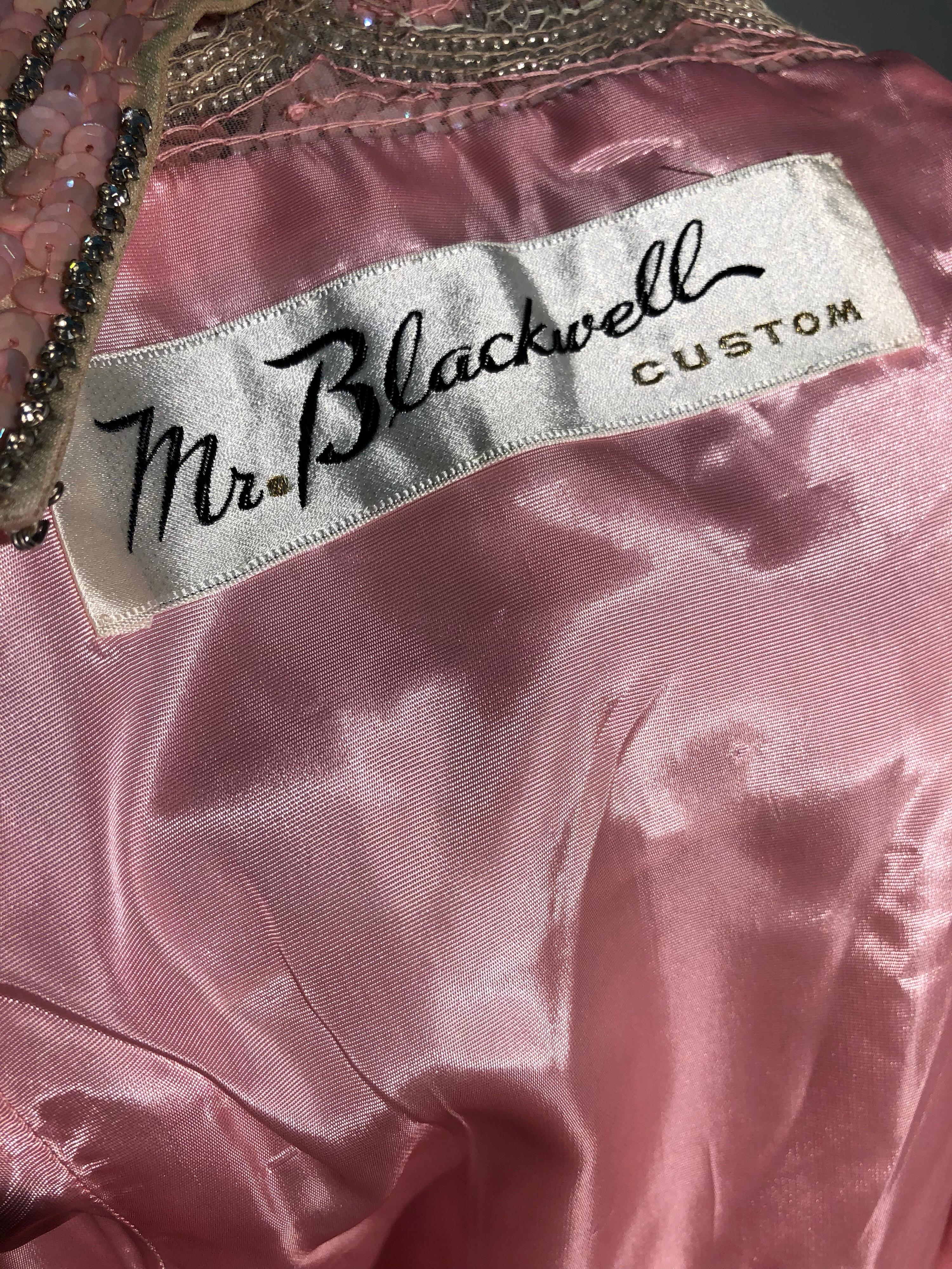1960s Mr. Blackwell Pink Wool & Silk Blend Sheath Dress W/ Beaded Sequined Neck 10