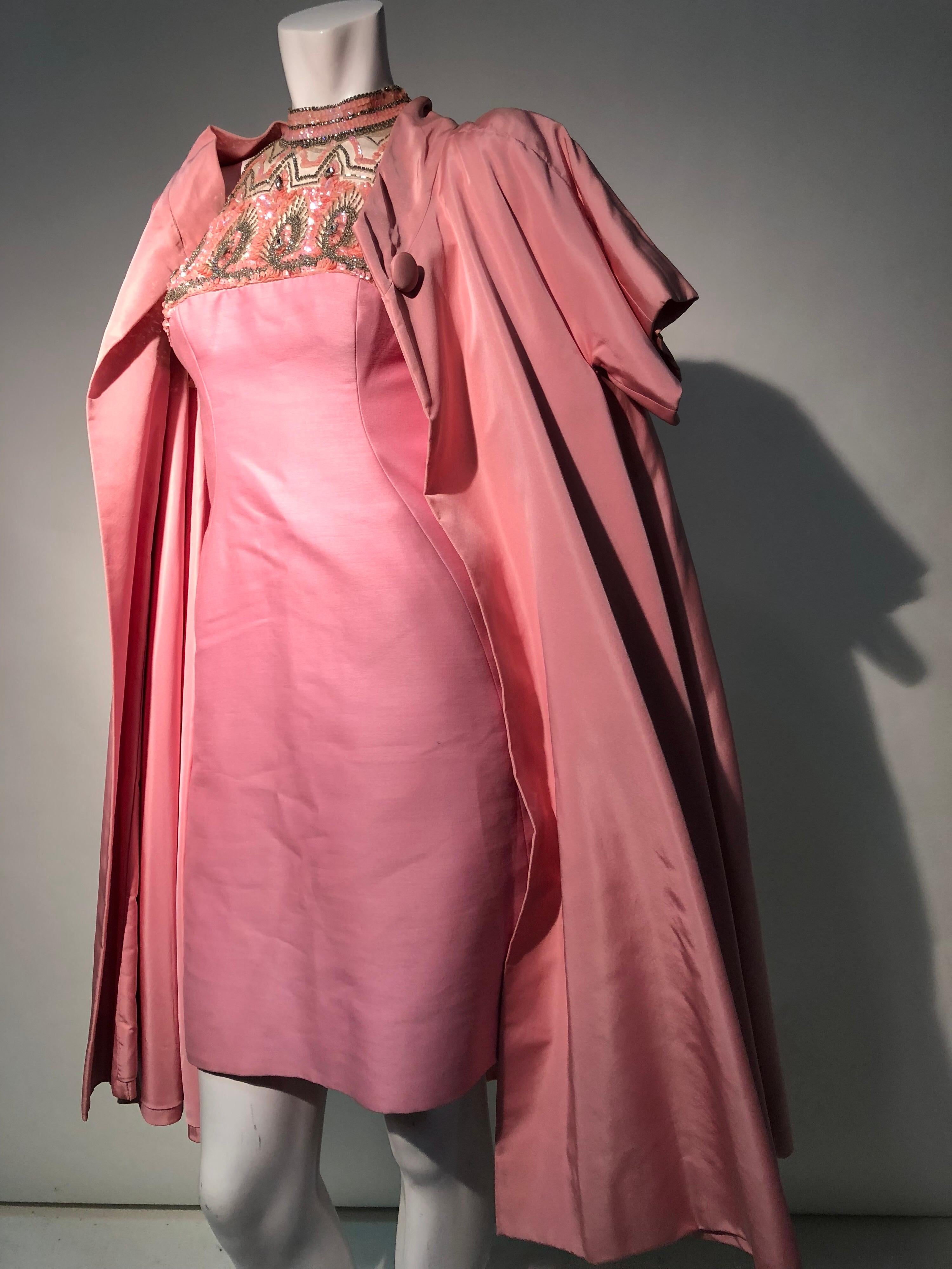 1960s Mr. Blackwell Pink Wool & Silk Blend Sheath Dress W/ Beaded Sequined Neck 11