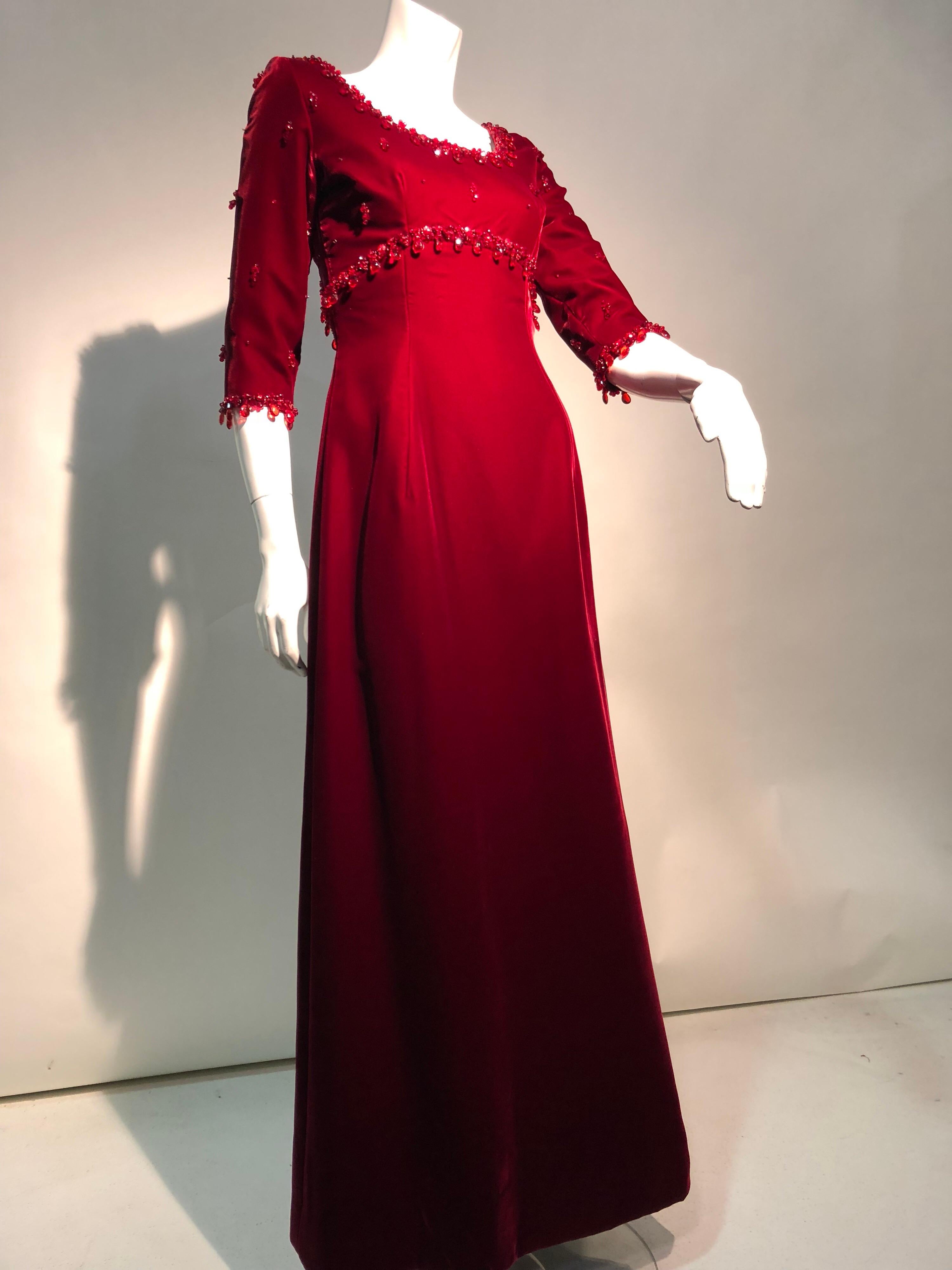 Red 1960s Nina Ricci Couture Ruby Velvet Gown & Cape Ensemble W/ Heavy Bead Trim  For Sale
