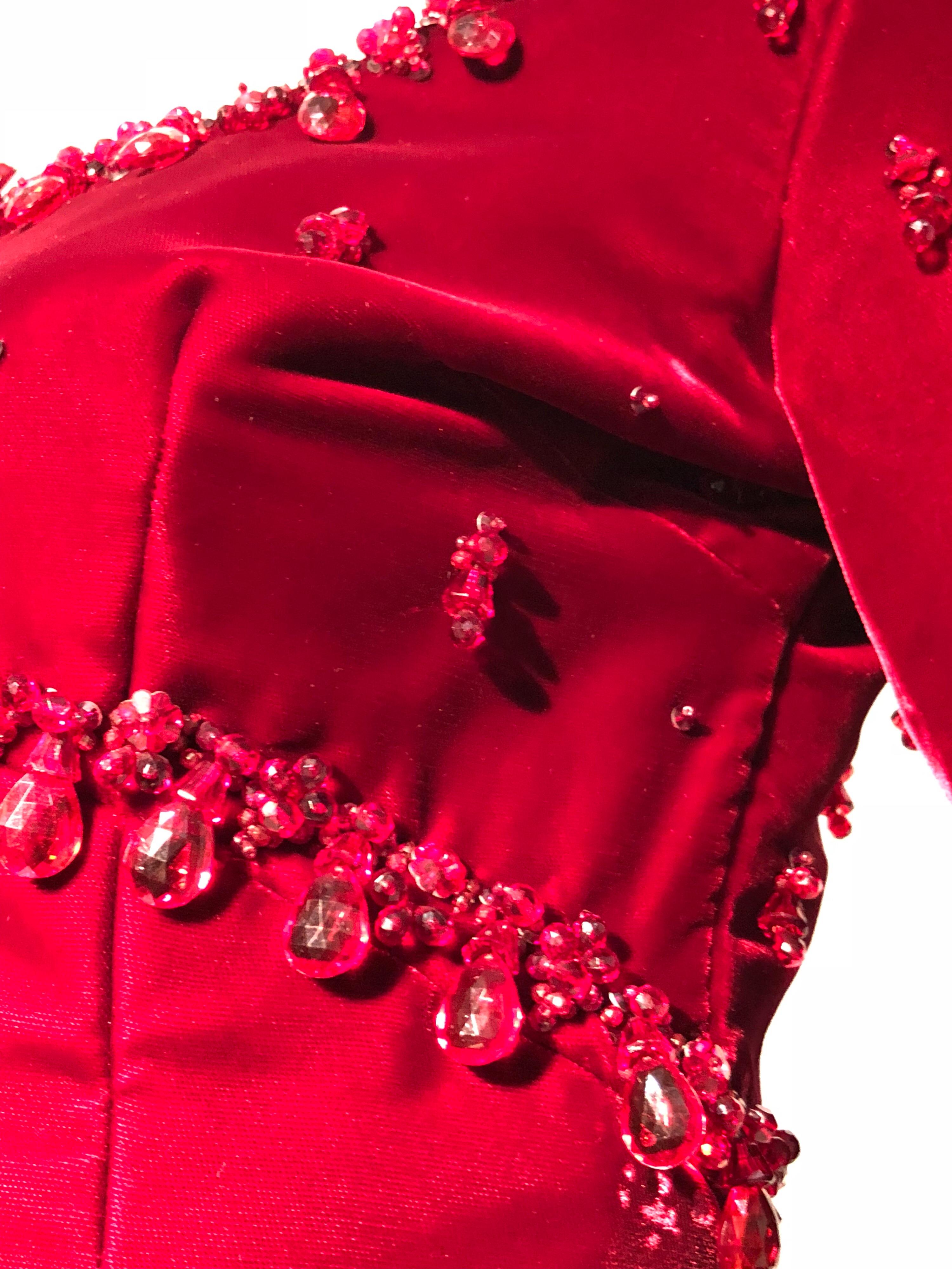 1960s Nina Ricci Couture Ruby Velvet Gown & Cape Ensemble W/ Heavy Bead Trim  For Sale 1
