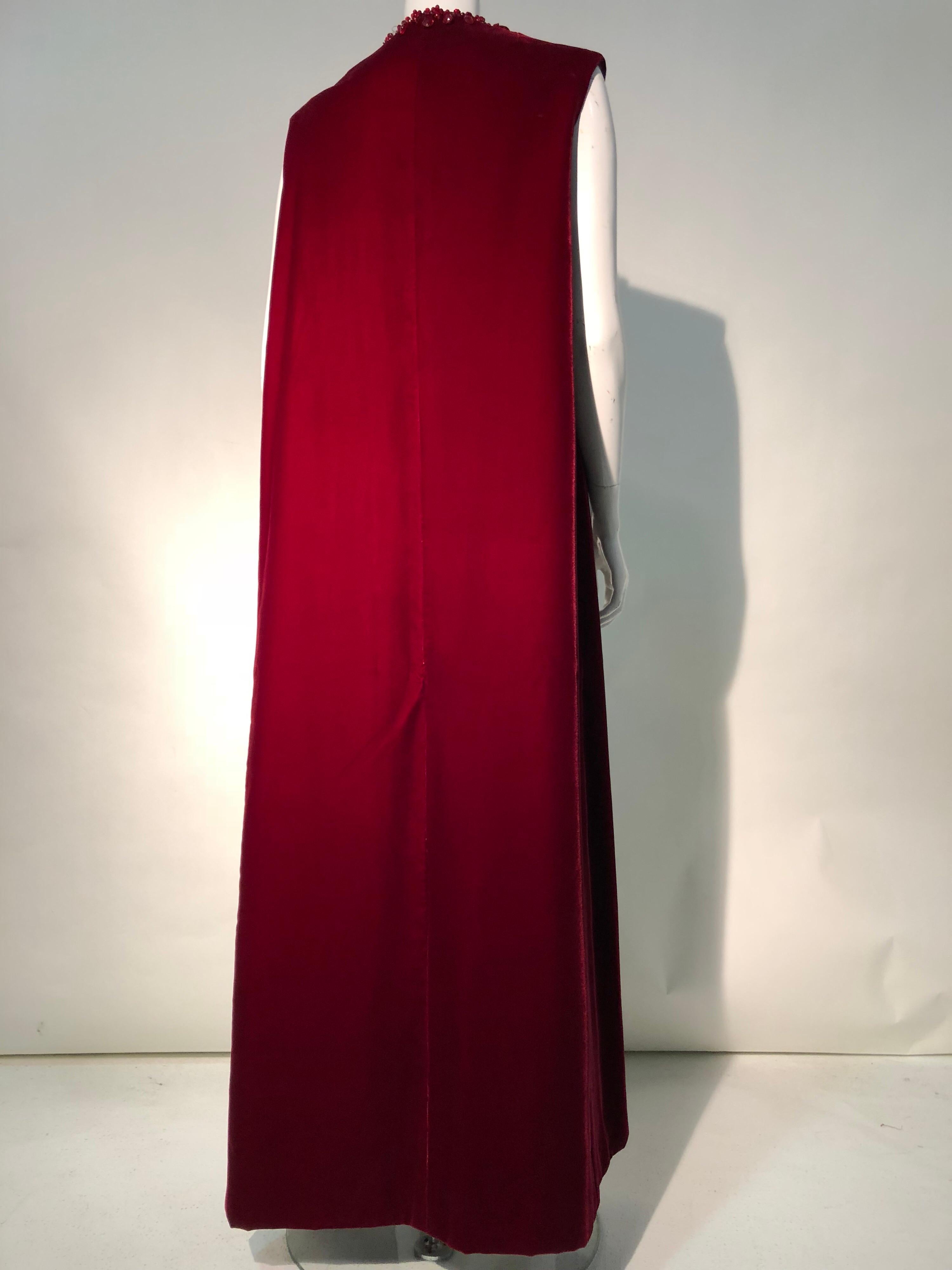 1960s Nina Ricci Couture Ruby Velvet Gown & Cape Ensemble W/ Heavy Bead Trim  For Sale 6