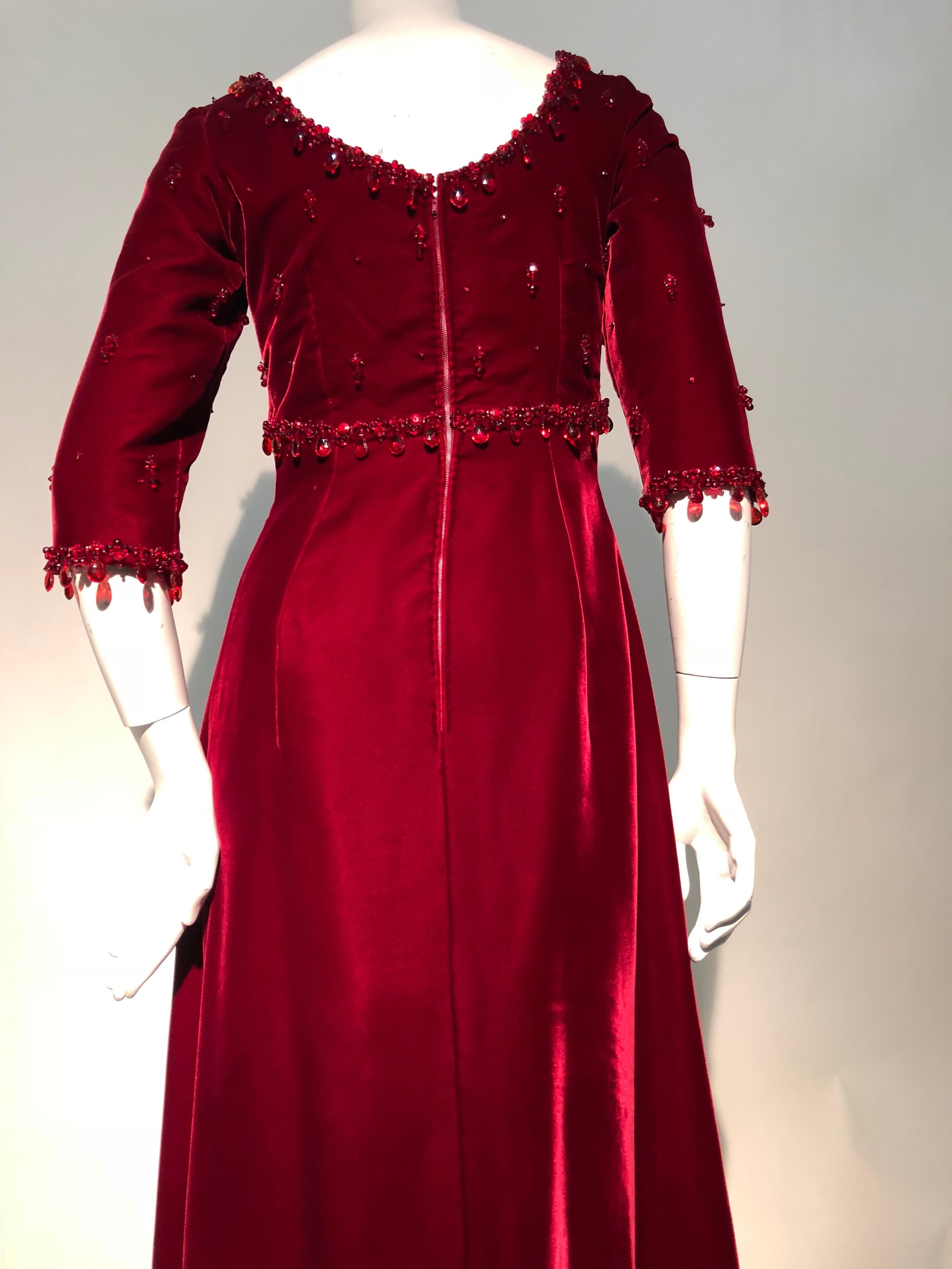 1960s Nina Ricci Couture Ruby Velvet Gown & Cape Ensemble W/ Heavy Bead Trim  For Sale 8