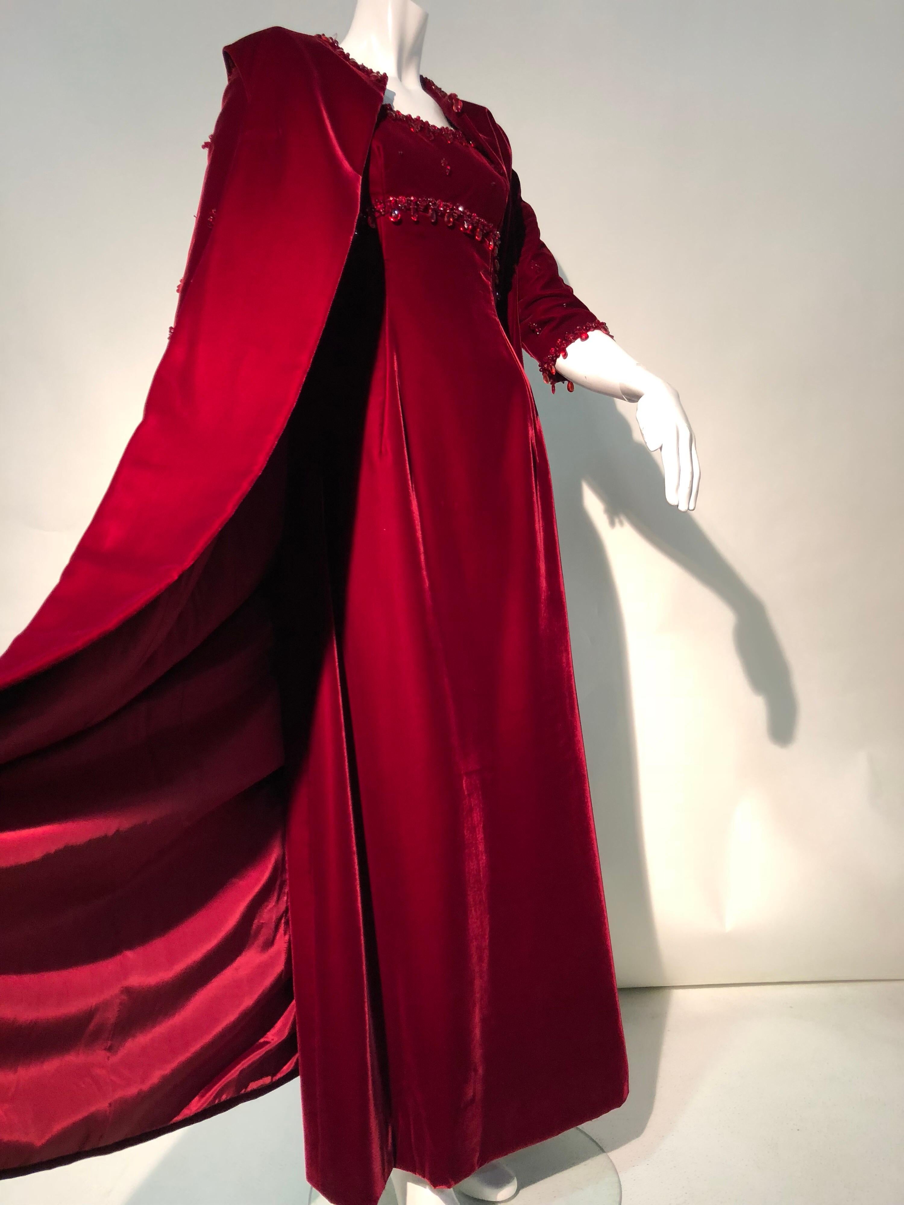 1960s Nina Ricci Couture Ruby Velvet Gown & Cape Ensemble W/ Heavy Bead Trim  For Sale 11