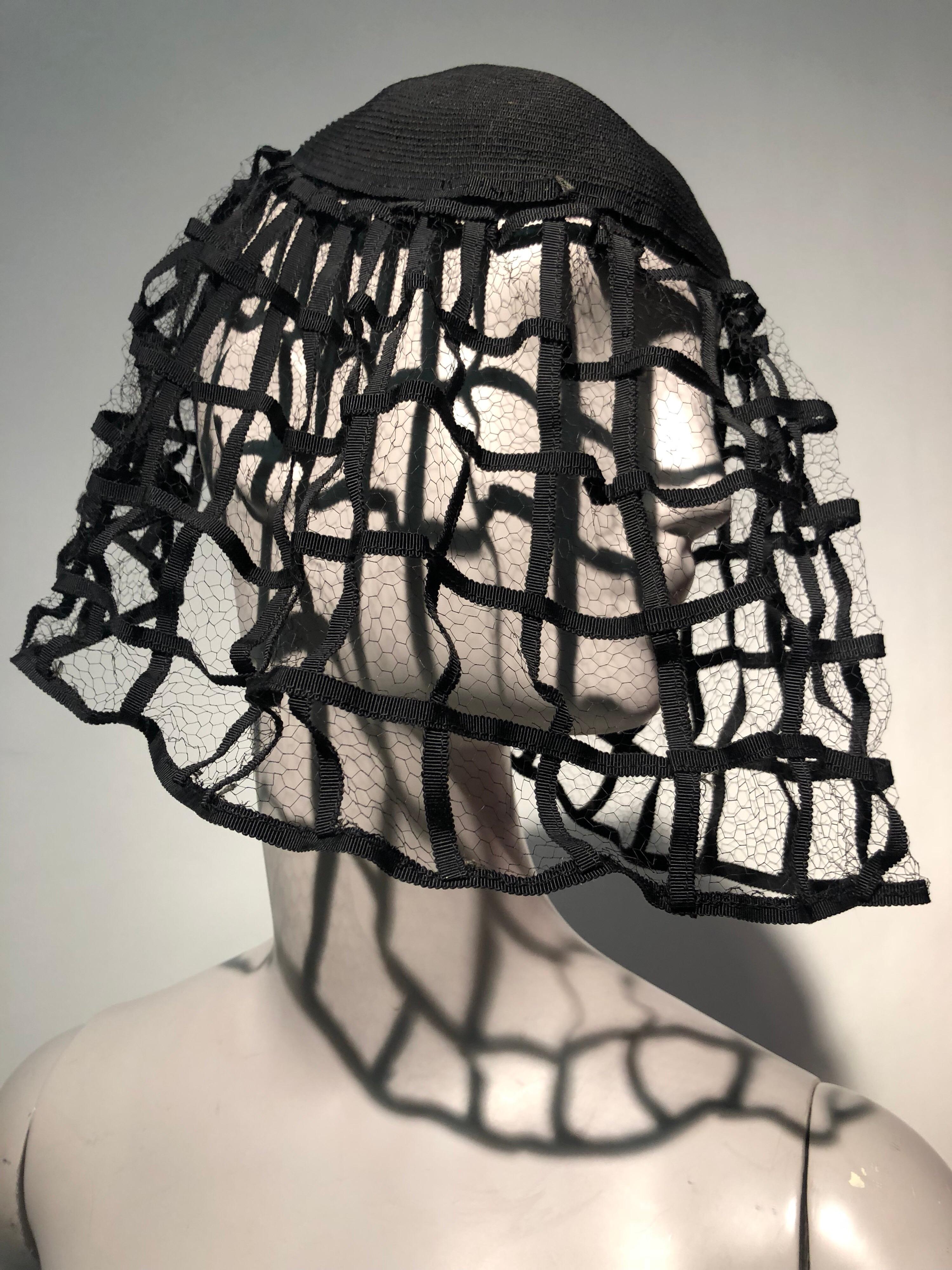 1940s Hattie Carnegie Black Ribbon Cage Veil Hat Never Worn In Excellent Condition In Gresham, OR