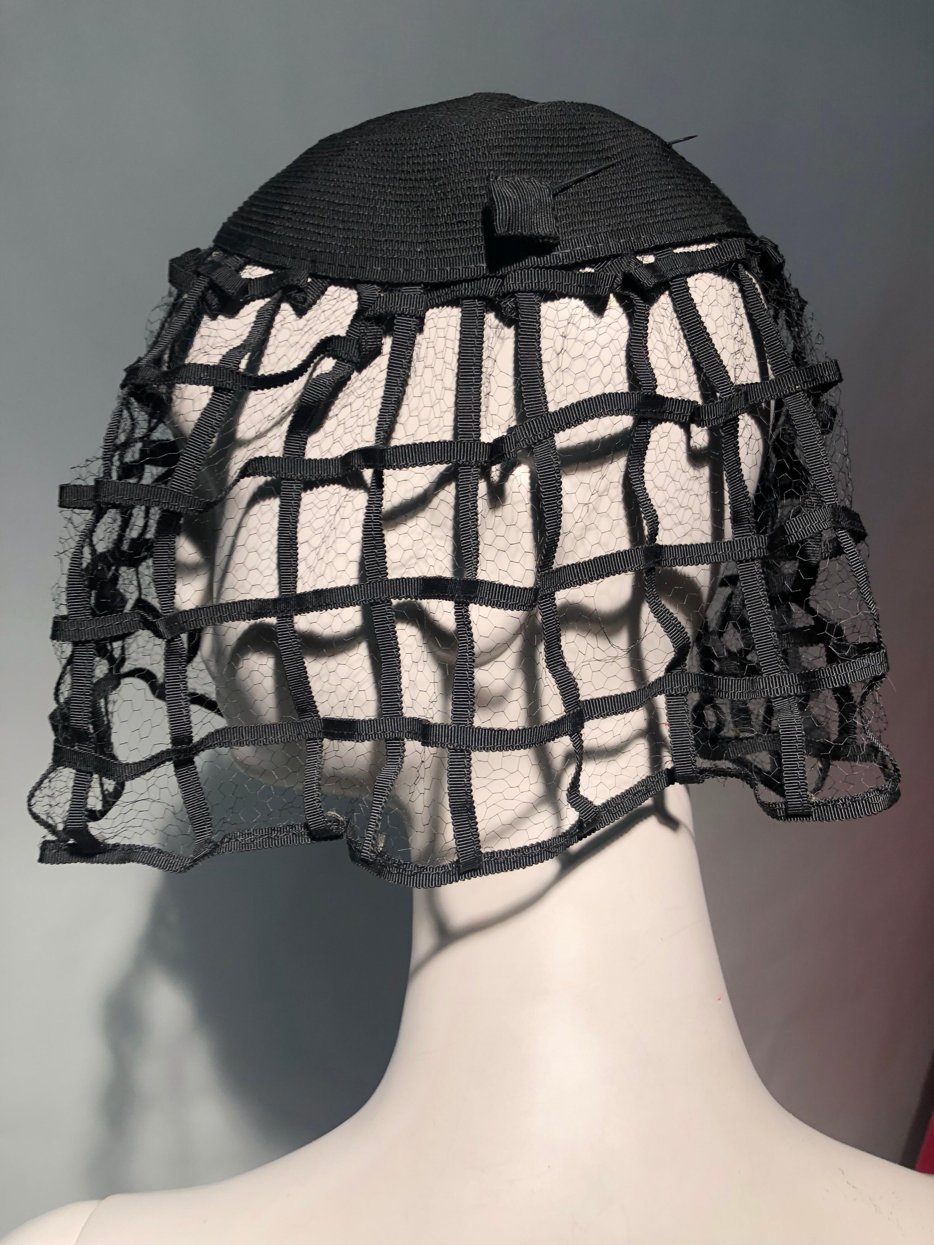 Women's 1940s Hattie Carnegie Black Ribbon Cage Veil Hat Never Worn