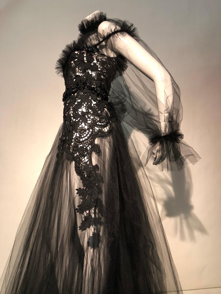 Torso Creations Victorian Black Lace High Collar and Black Tulle Goth Gown  W/ Sash For Sale at 1stDibs