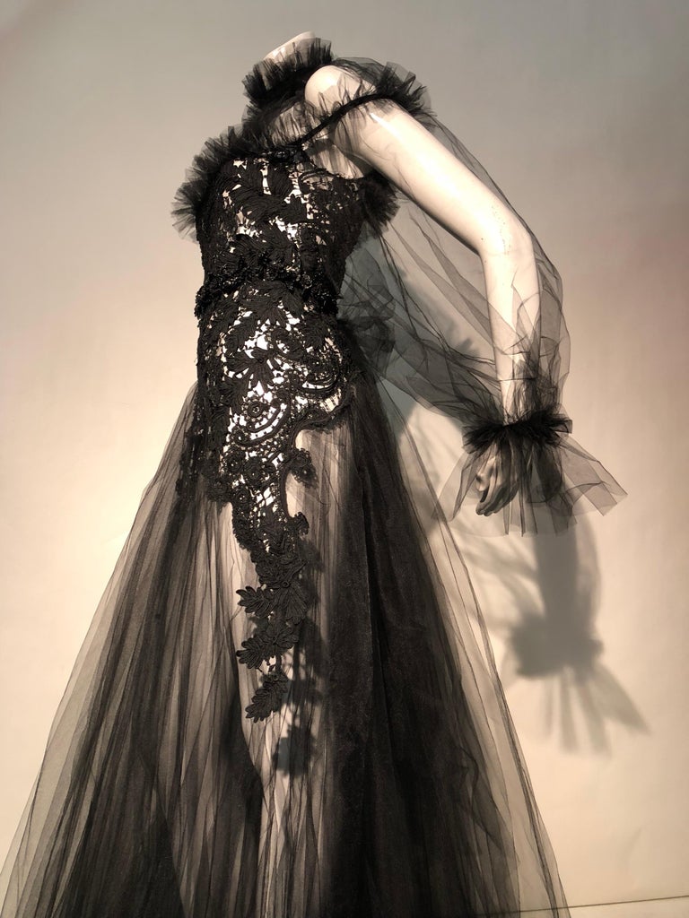 Torso Creations Victorian Black Lace High Collar and Black Tulle Goth Gown  W/ Sash at 1stDibs | black lace victorian dress, lace goth, victorian high  collar dress