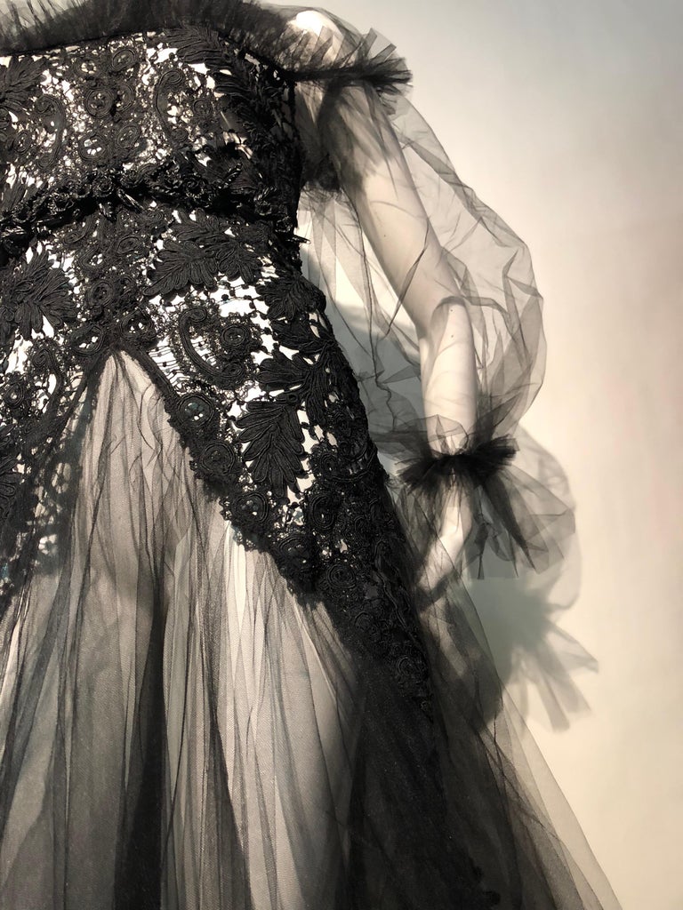Torso Creations Victorian Black Lace High Collar and Black Tulle Goth Gown  W/ Sash at 1stDibs | black lace victorian dress, lace goth, victorian high  collar dress