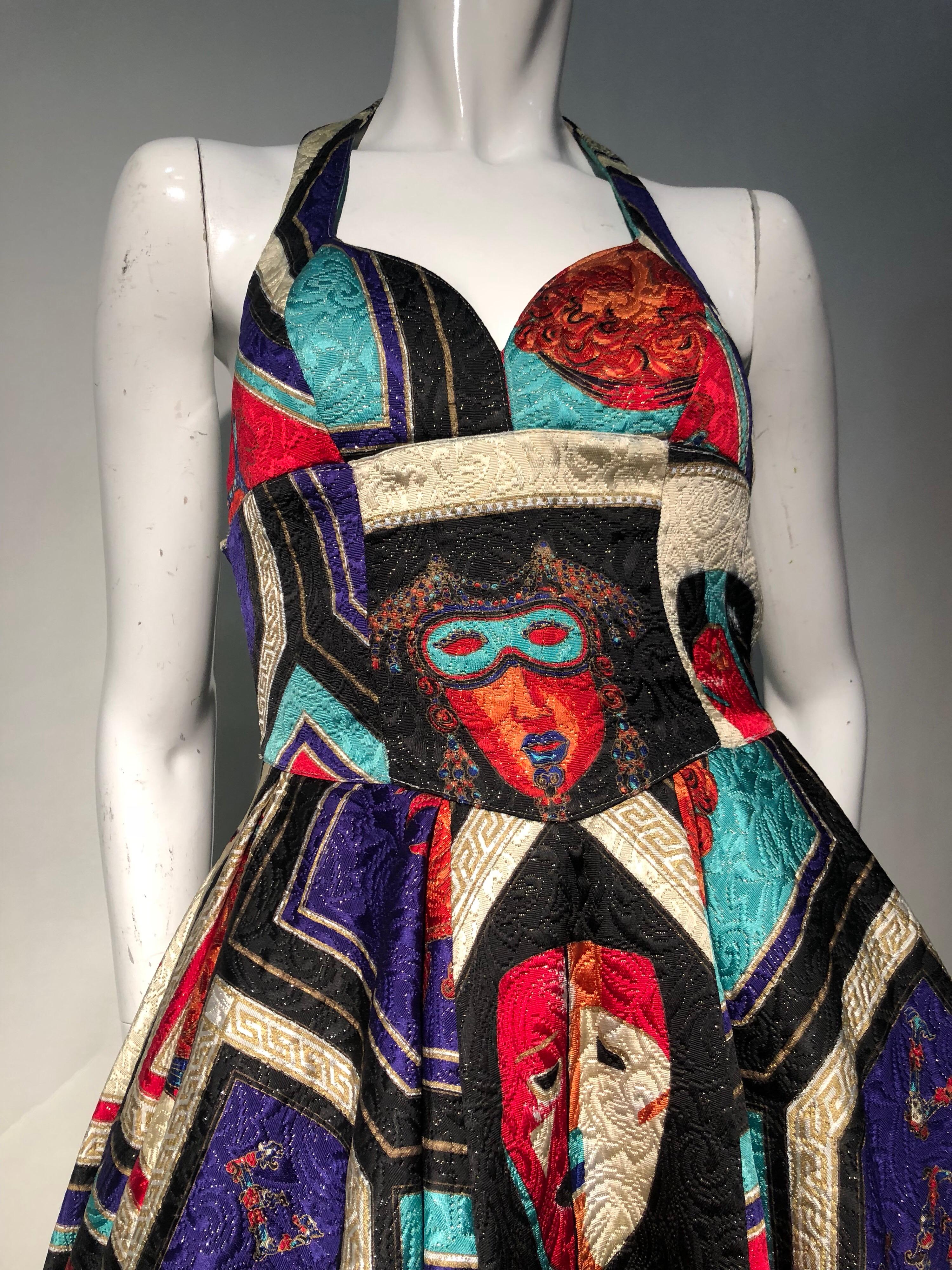 1992 Gianni Versace Masquerade-Inspired Silk Brocade Flared Mini Halter Dress  2
