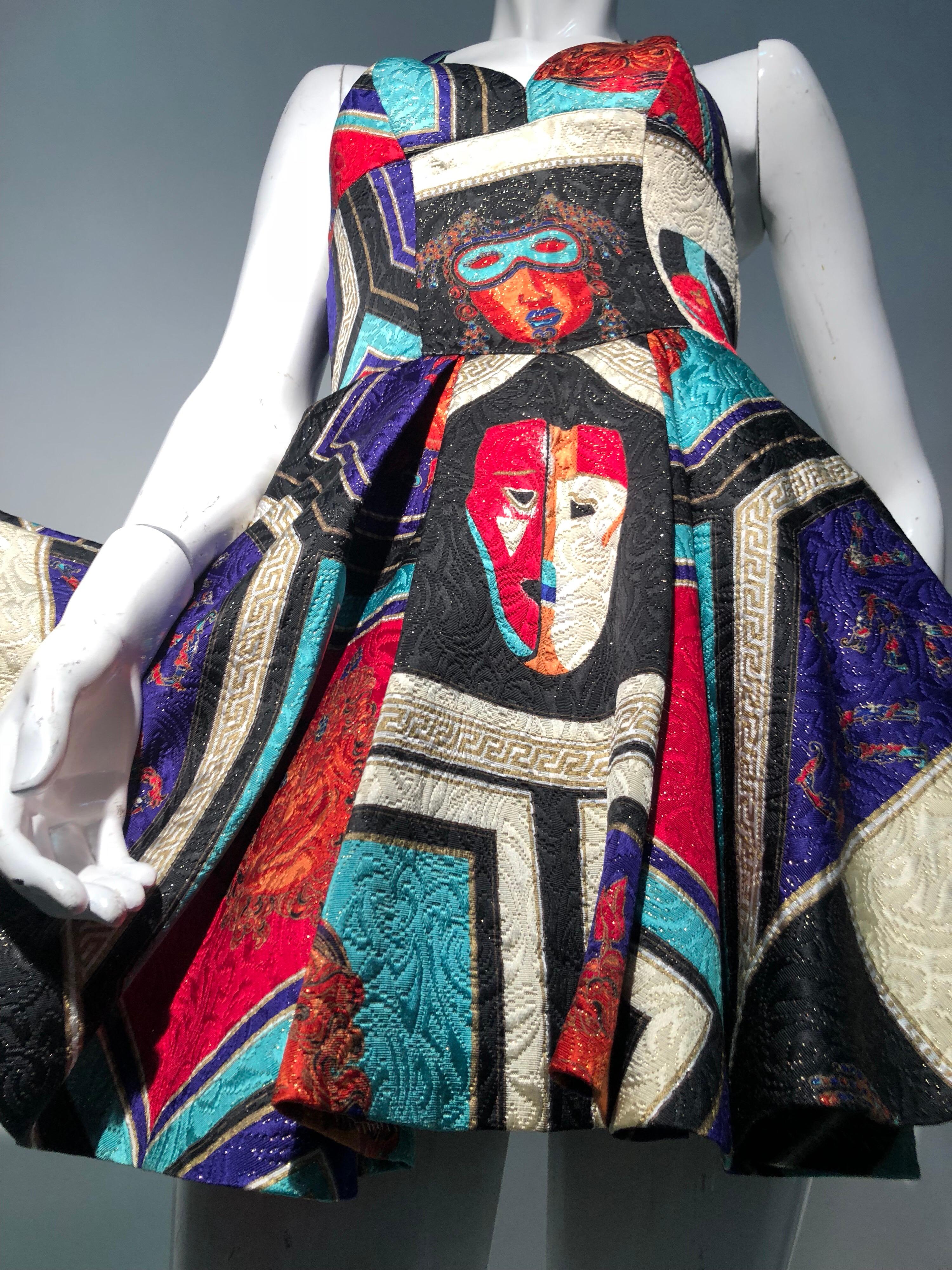 1992 Gianni Versace Masquerade-Inspired Silk Brocade Flared Mini Halter Dress 4