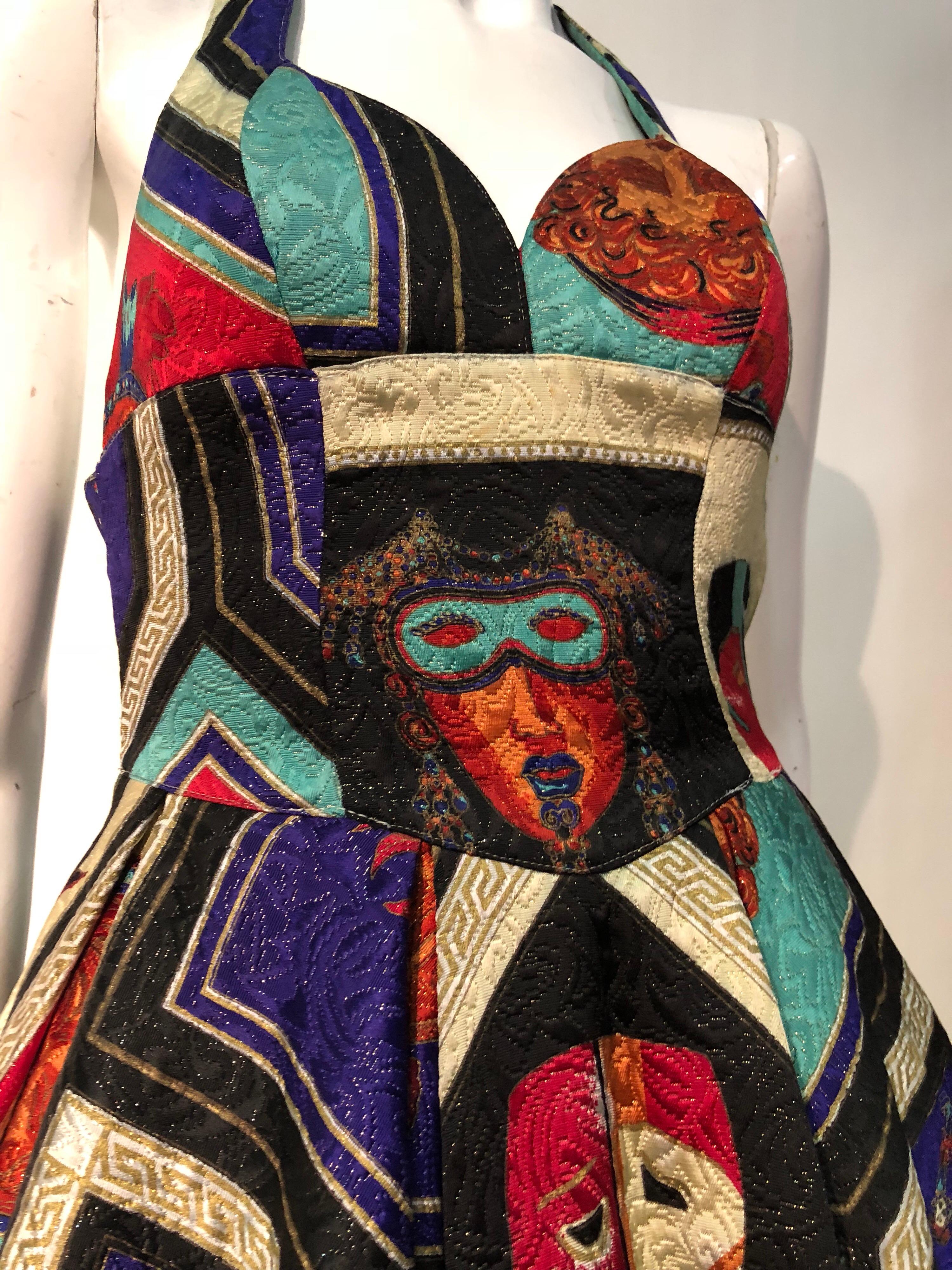 1992 Gianni Versace Masquerade-Inspired Silk Brocade Flared Mini Halter Dress  11