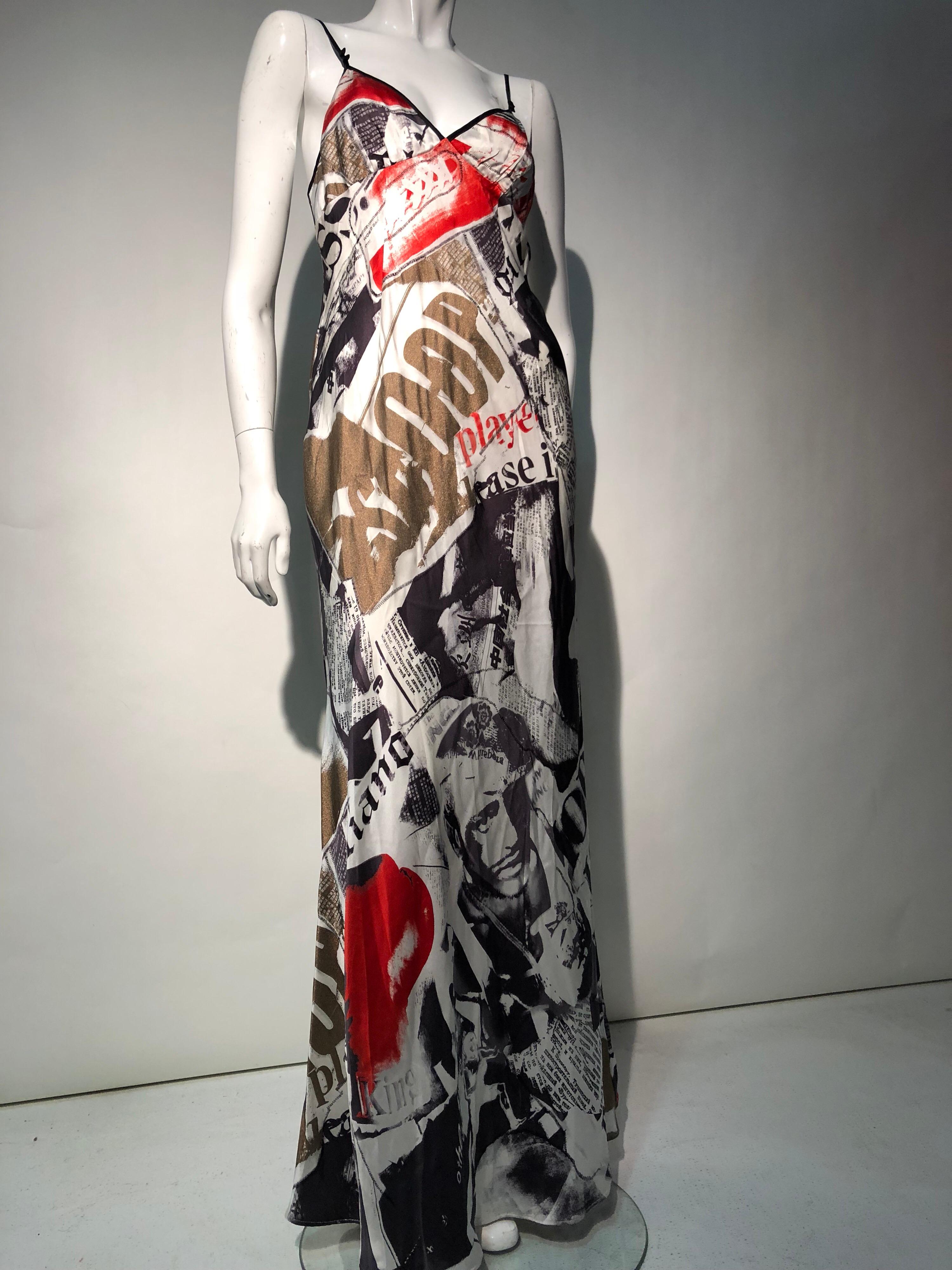 A fabulous, never-worn John Galliano bias-cut silk slip gown dress in his trademark newsprint pattern. From the early 2000s. Tones of black, white, red and bronze play up the bold graphic pattern.