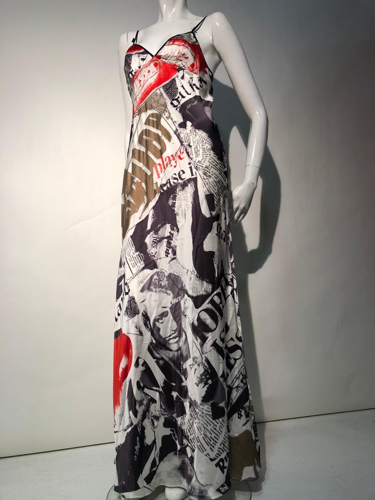 2000s John Galliano Unworn Silk Newsprint Bias-Cut Slip Gown Dress In New Condition For Sale In San Francisco, CA