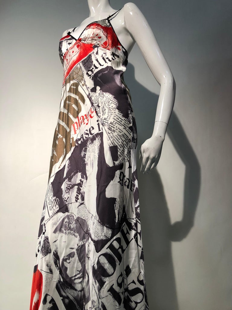 Women's 2000s John Galliano Unworn Silk Newsprint Bias-Cut Slip Gown Dress For Sale
