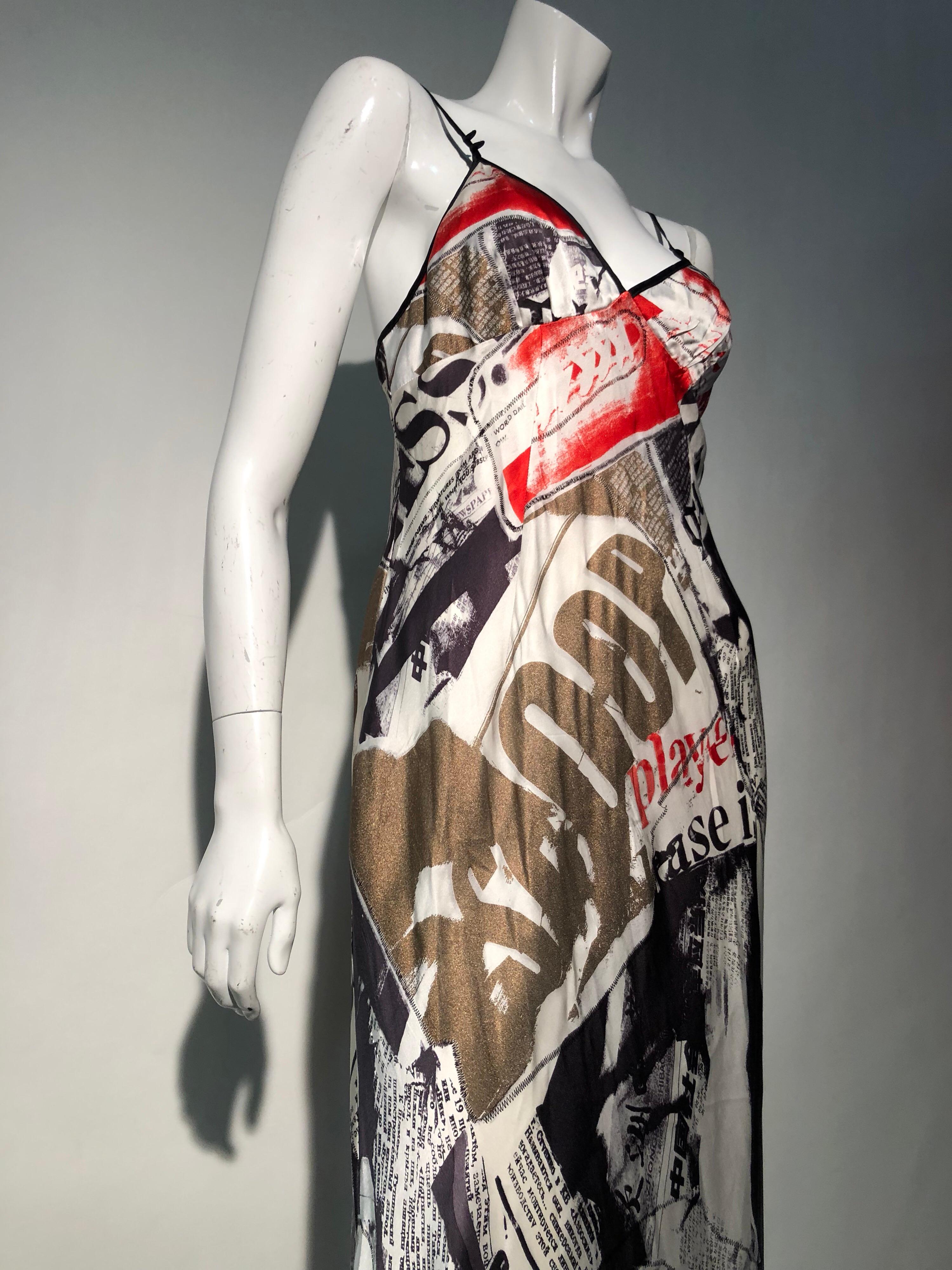 2000s John Galliano Unworn Silk Newsprint Bias-Cut Slip Gown Dress For Sale 4