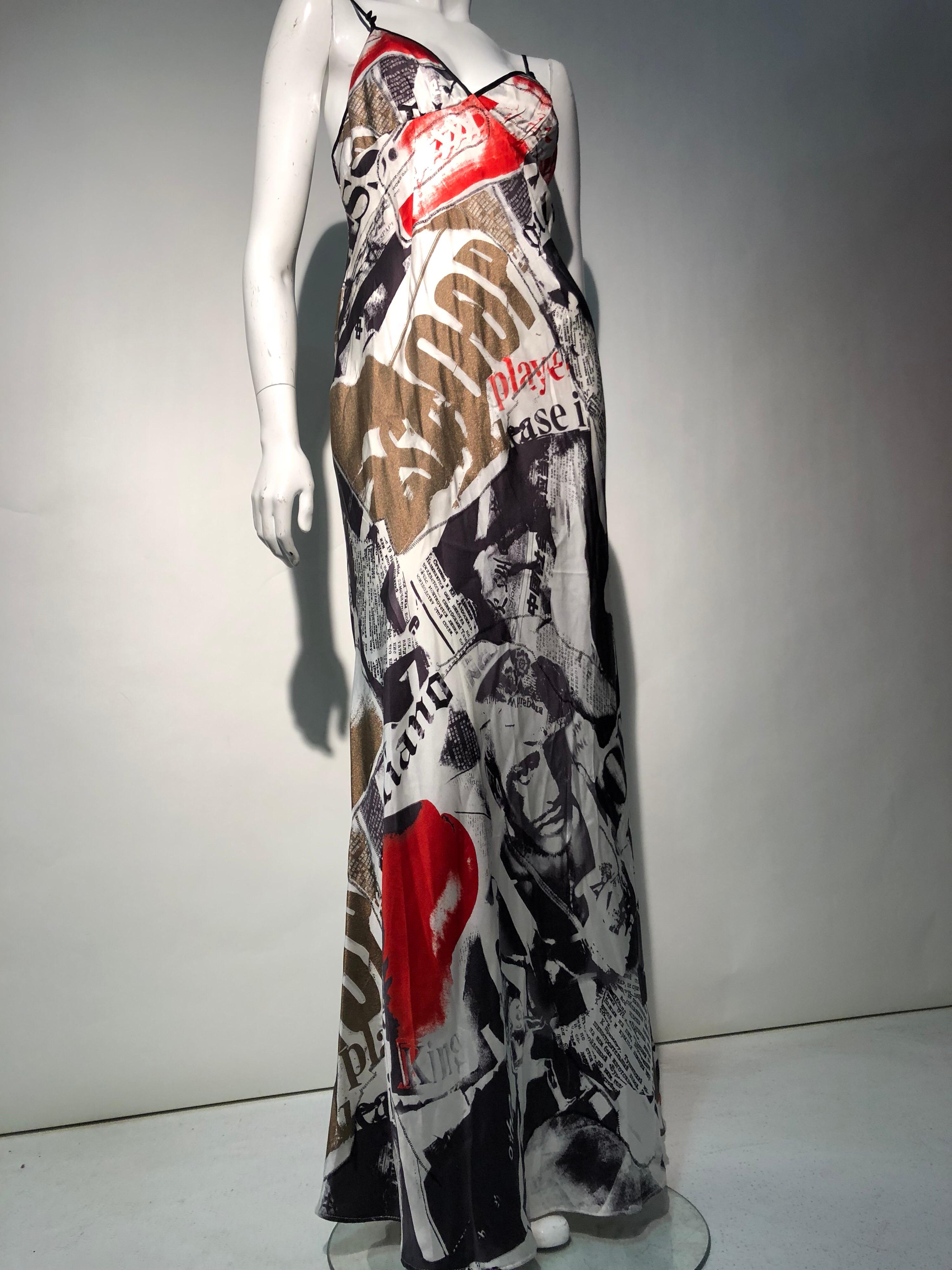 2000s John Galliano Unworn Silk Newsprint Bias-Cut Slip Gown Dress For Sale 6