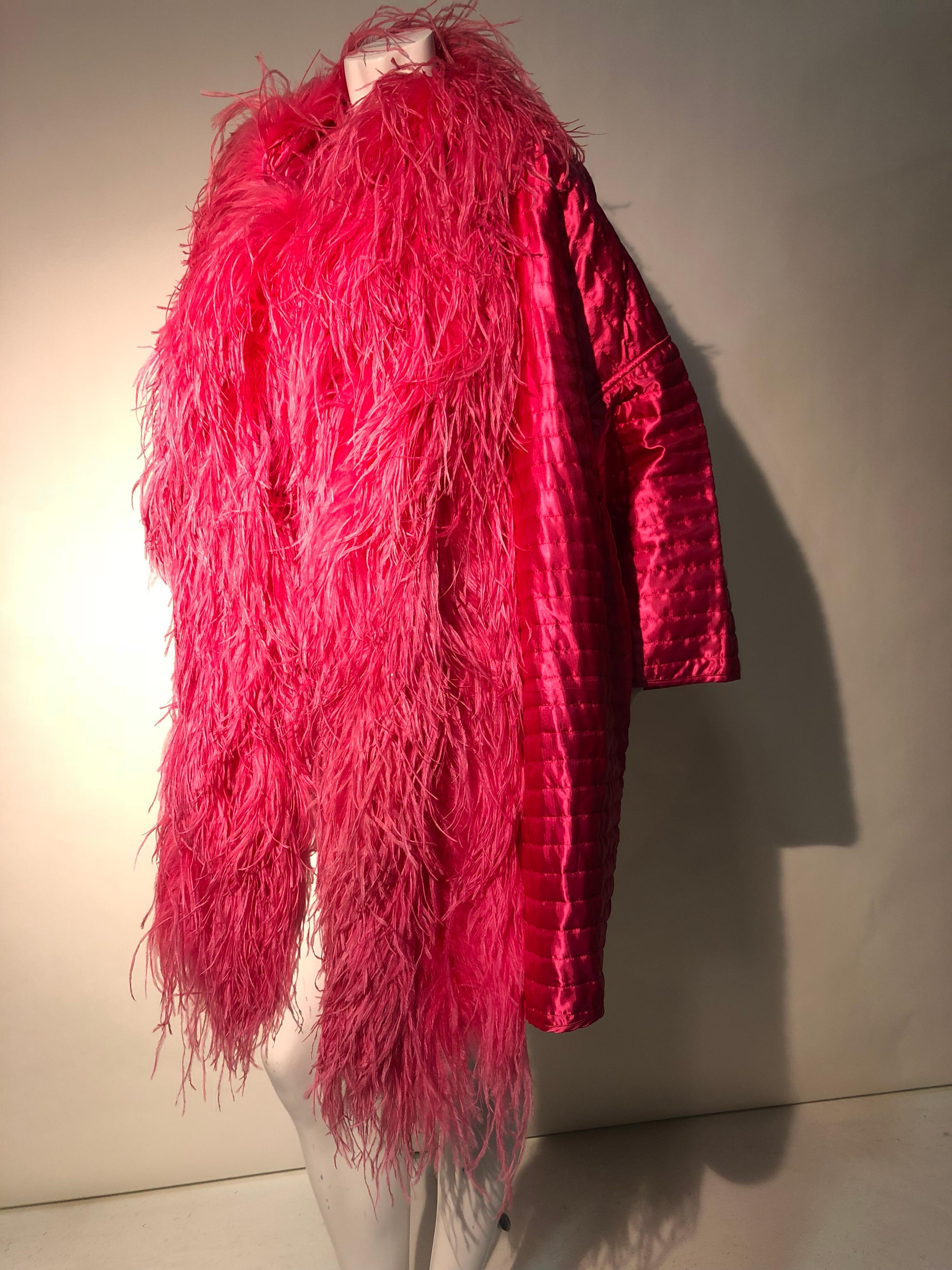 1990s Gianfranco Ferré Hot Pink Quilted Silk Cocoon Coat W/ Huge Ostrich Collar In Excellent Condition In Gresham, OR