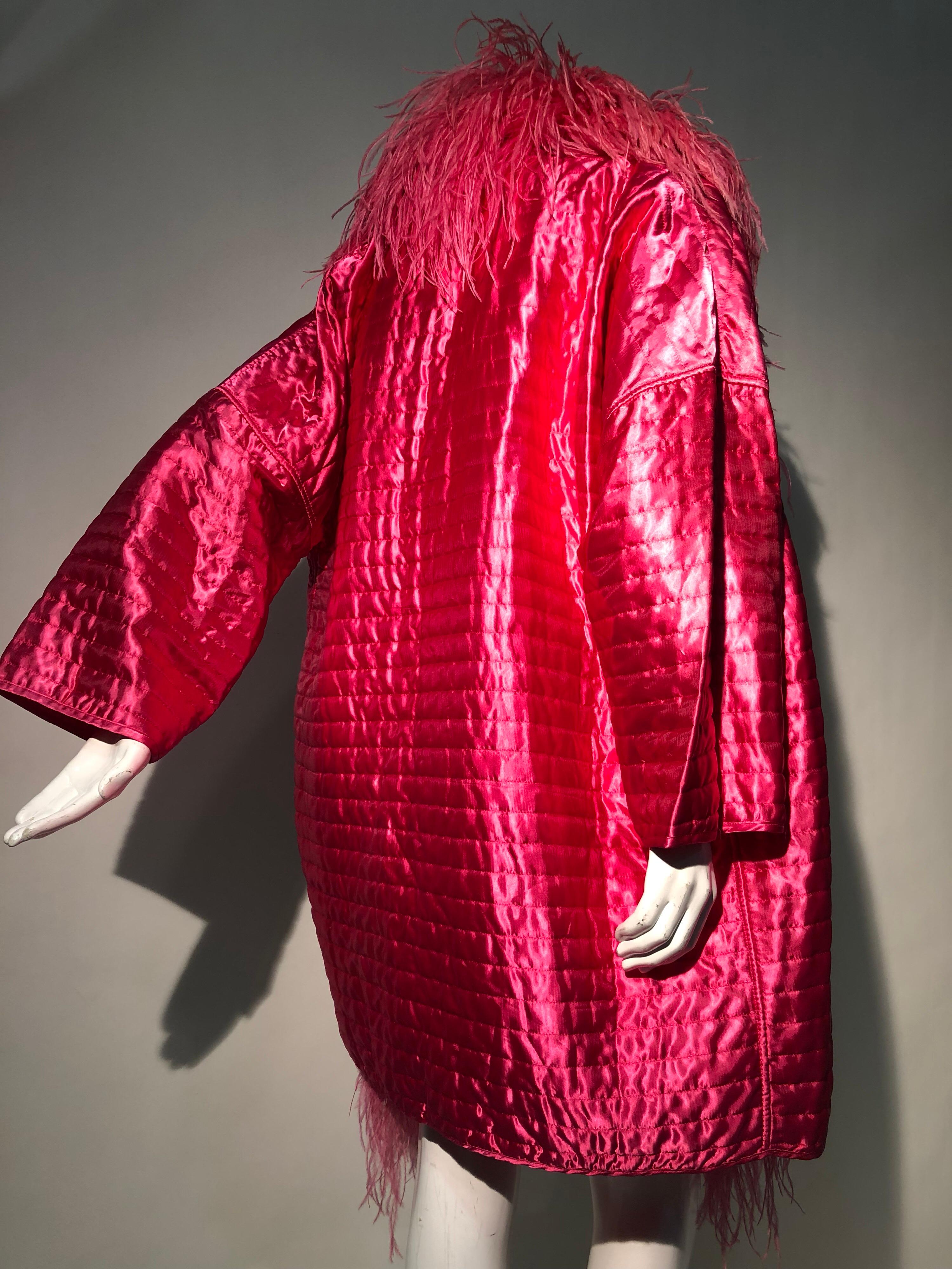 Women's 1990s Gianfranco Ferré Hot Pink Quilted Silk Cocoon Coat W/ Huge Ostrich Collar