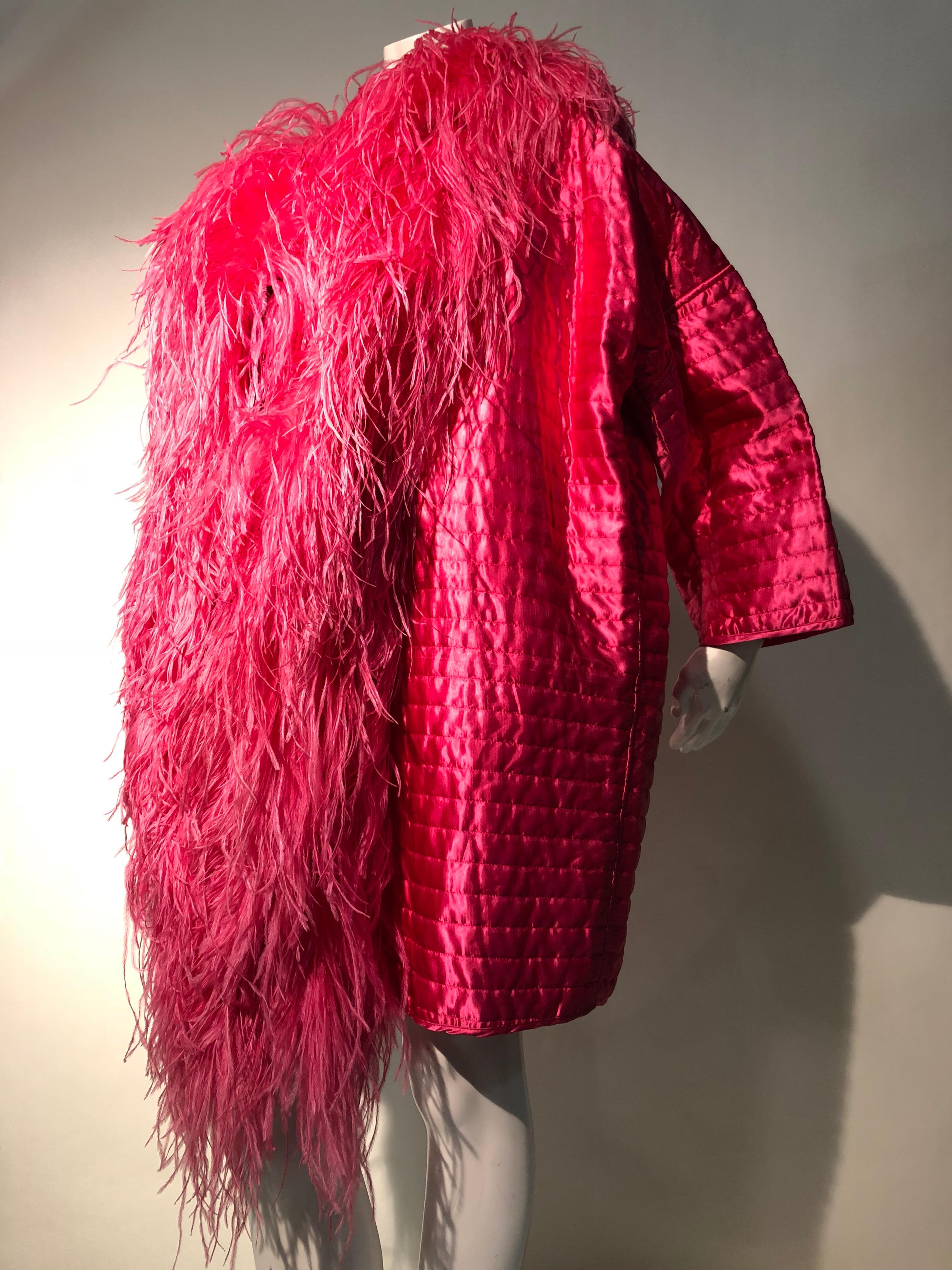 1990s Gianfranco Ferré Hot Pink Quilted Silk Cocoon Coat W/ Huge Ostrich Collar 1
