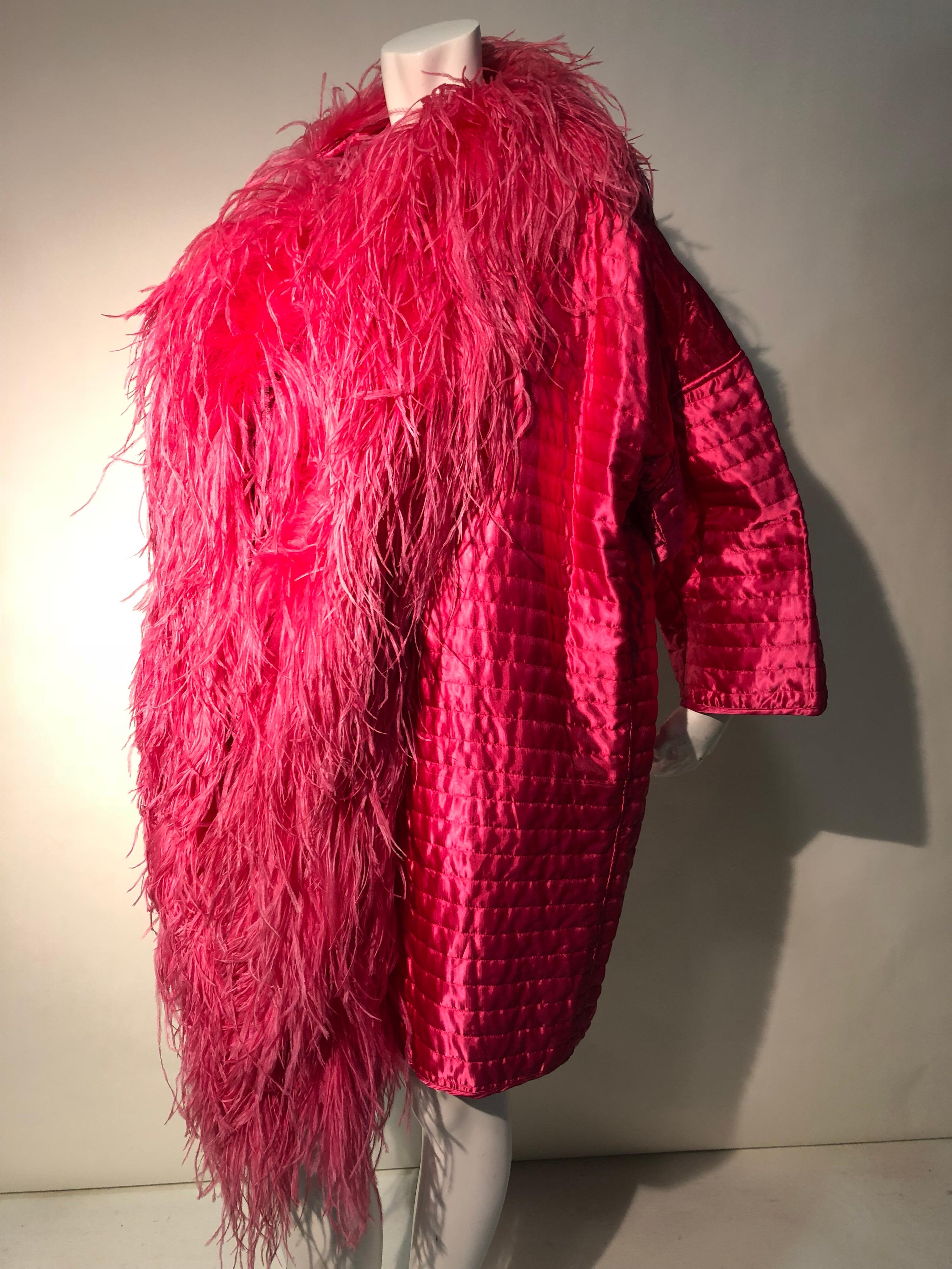 1990s Gianfranco Ferré Hot Pink Quilted Silk Cocoon Coat W/ Huge Ostrich Collar 2