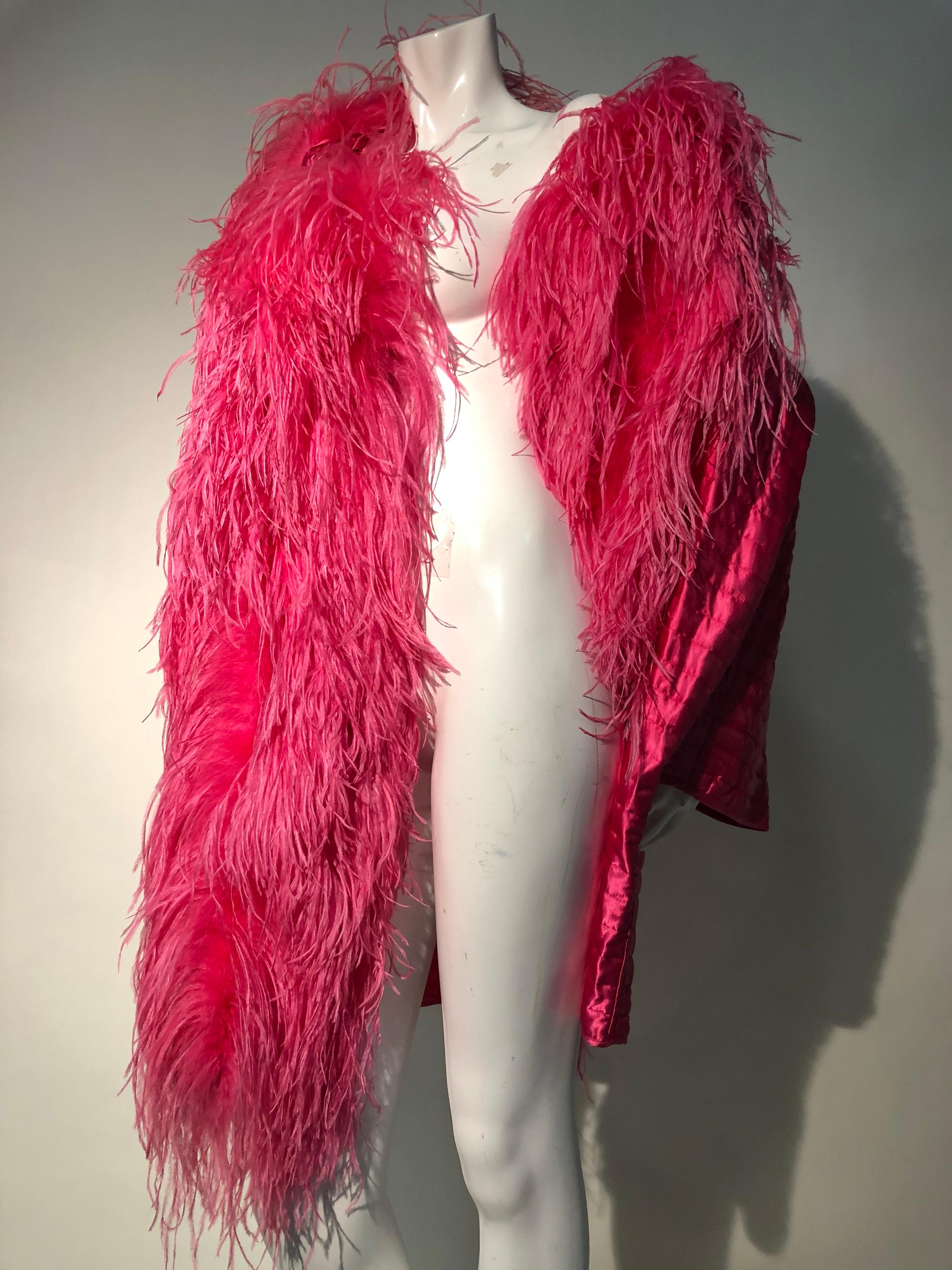 1990s Gianfranco Ferré Hot Pink Quilted Silk Cocoon Coat W/ Huge Ostrich Collar 3