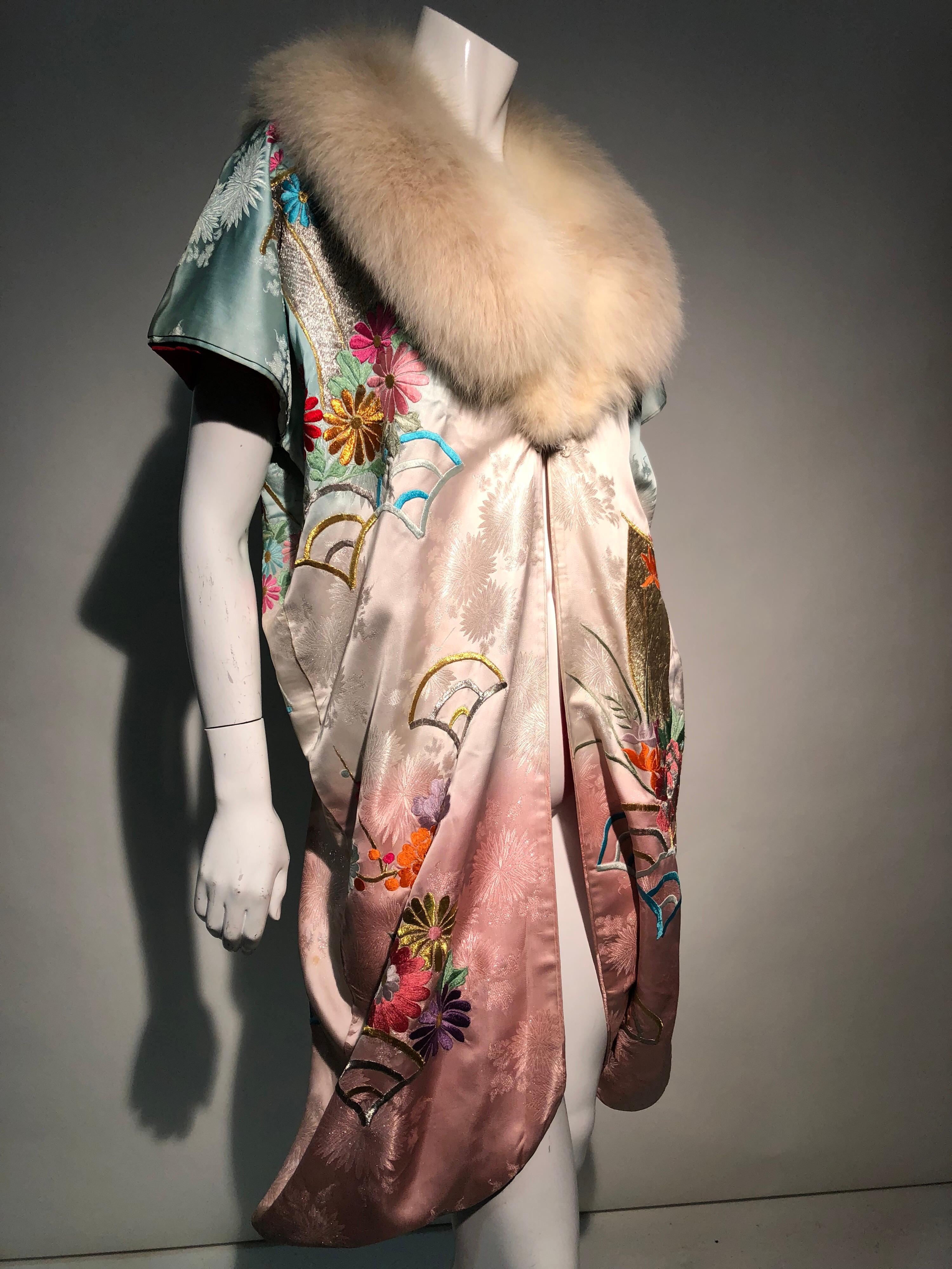 Torso Creations Antique Kimono Sleeve Deconstructed Robe W/ Vintage White Fox  4