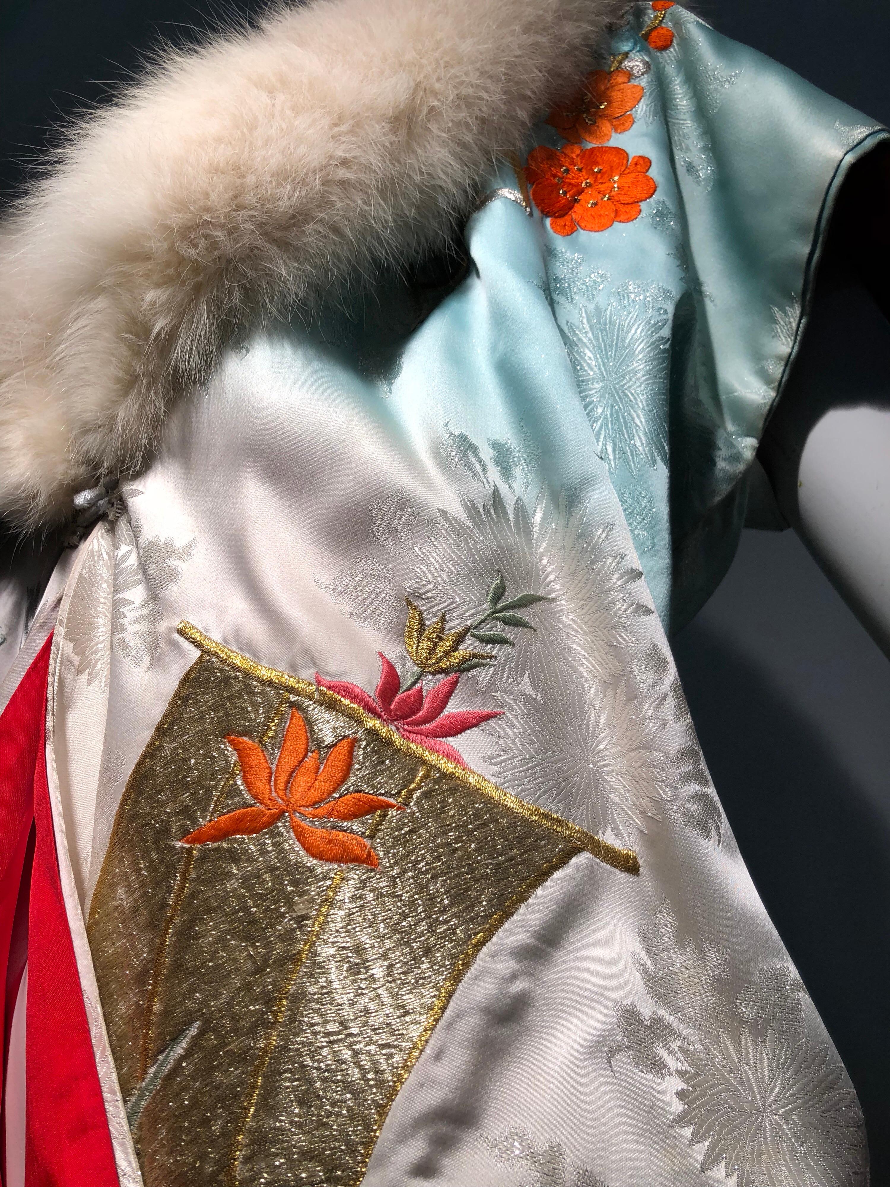 Torso Creations Antique Kimono Sleeve Deconstructed Robe W/ Vintage White Fox  15
