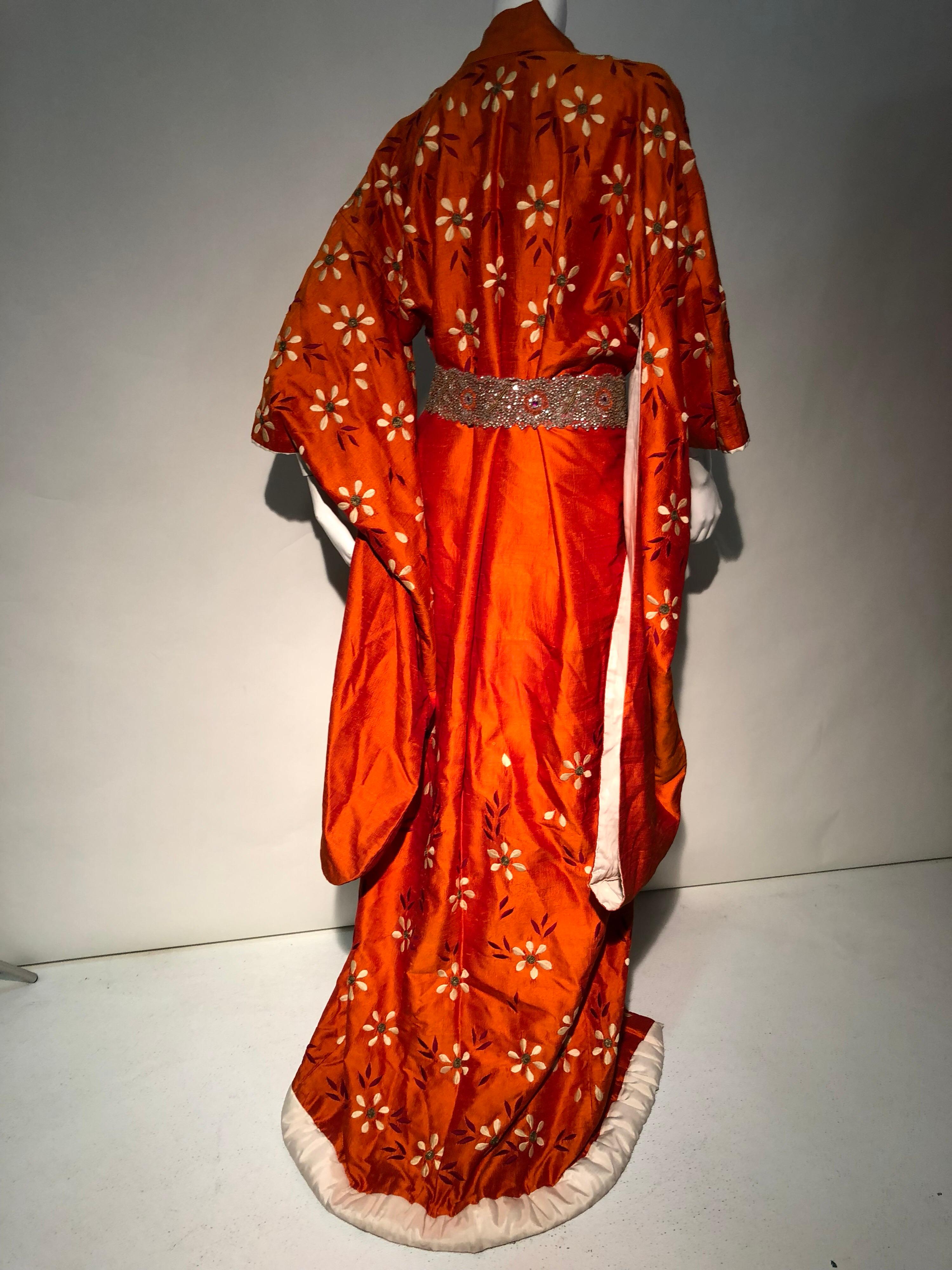 Red 1940s Burnt Orange Raw Silk Spring Kimono W/ Embroidered Daisies & Beaded Belt