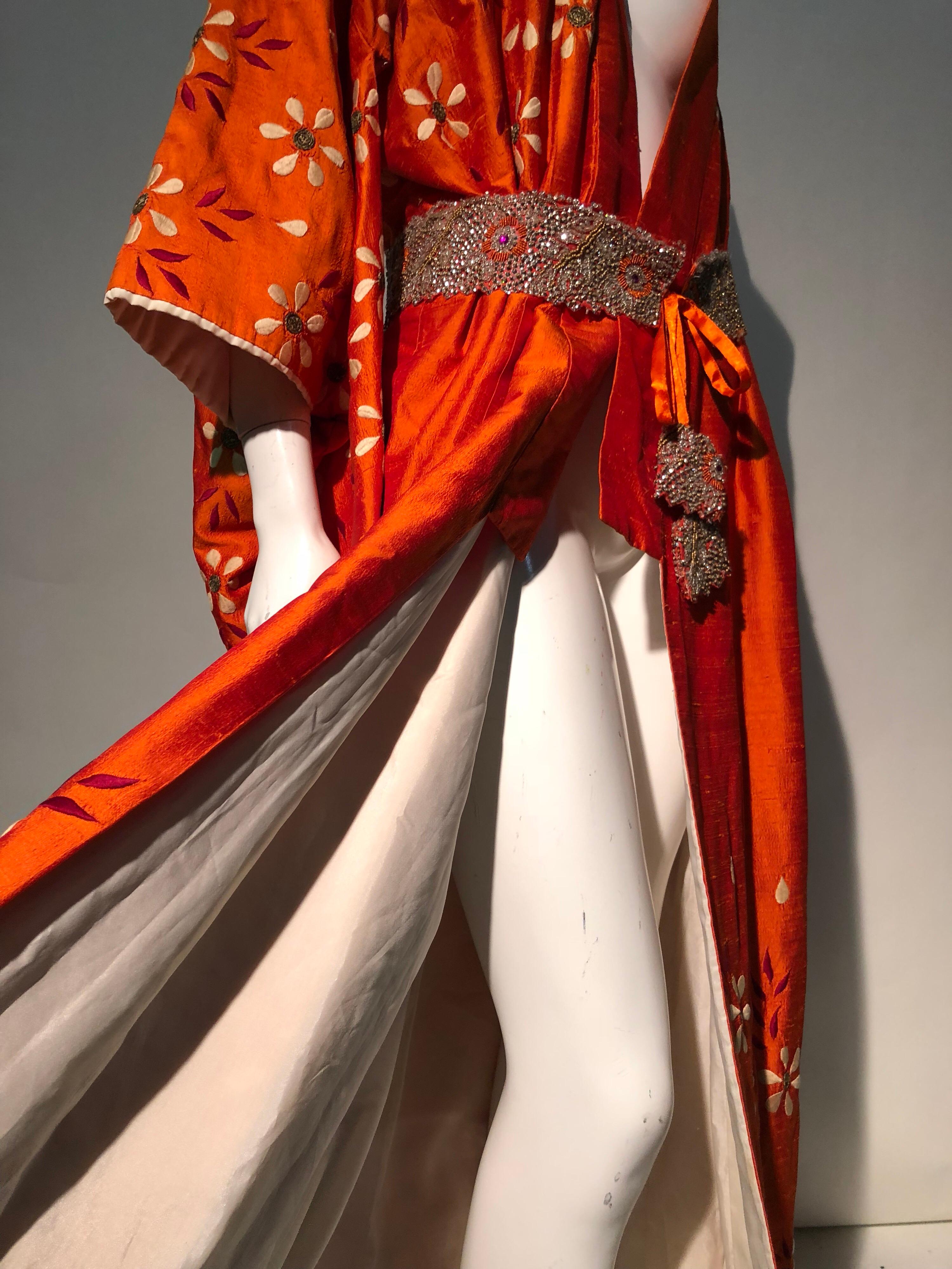 1940s Burnt Orange Raw Silk Spring Kimono W/ Embroidered Daisies & Beaded Belt 1