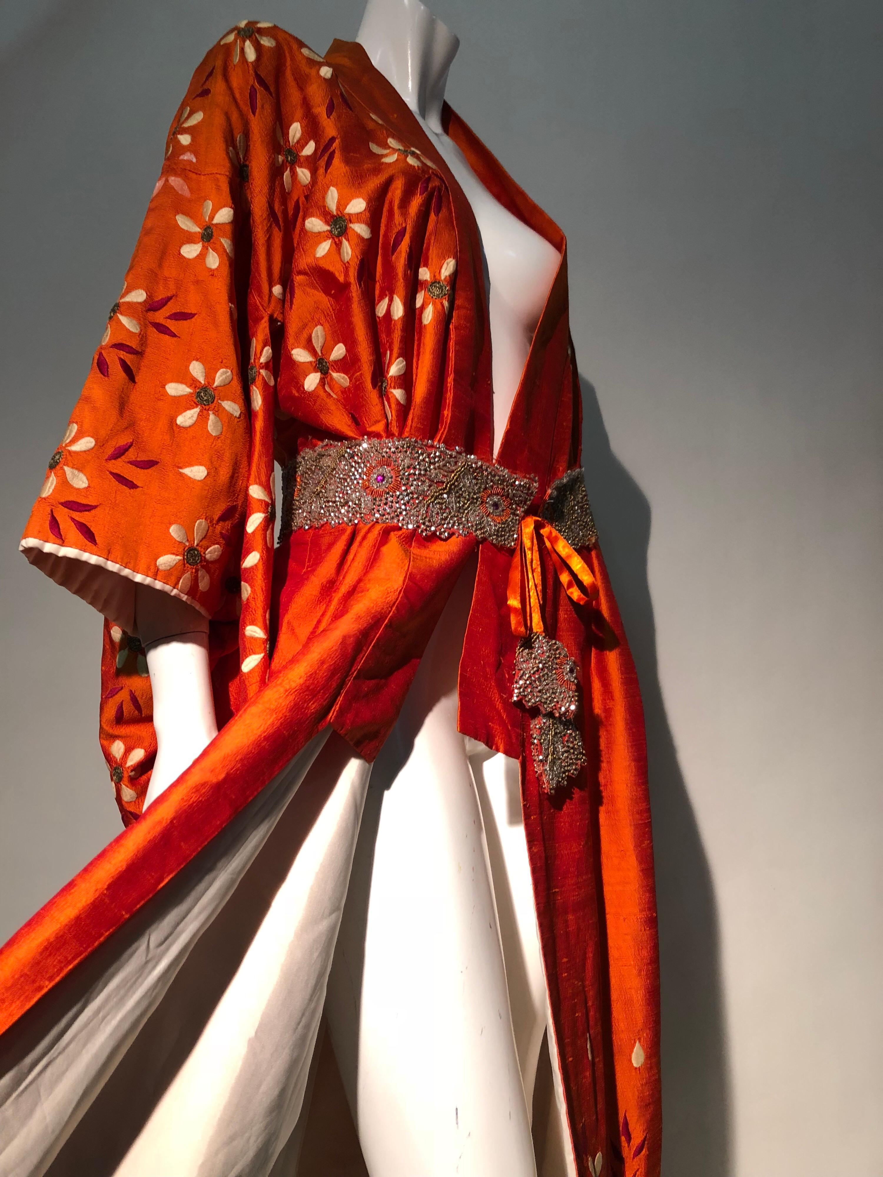 1940s Burnt Orange Raw Silk Spring Kimono W/ Embroidered Daisies & Beaded Belt 2