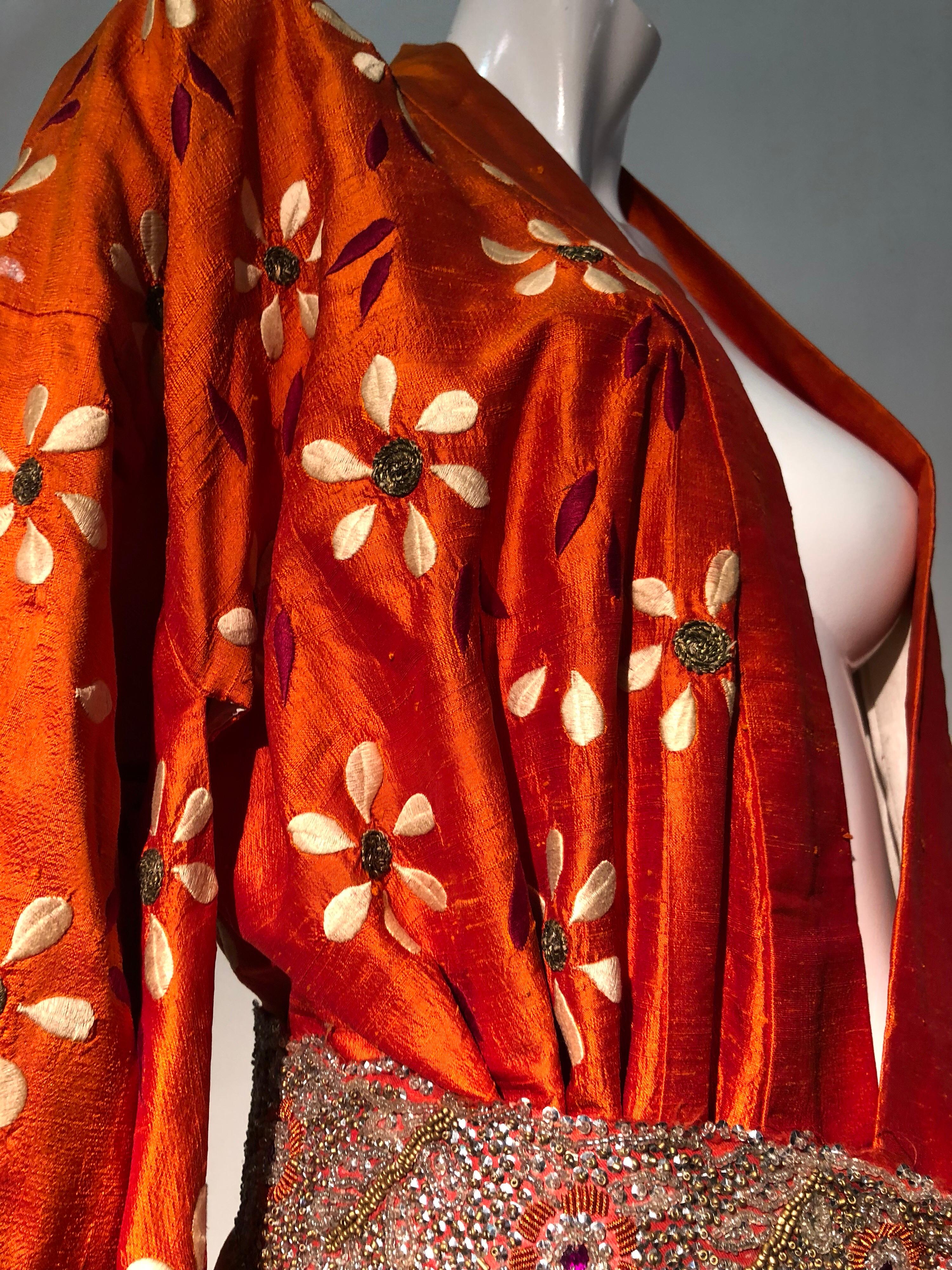 1940s Burnt Orange Raw Silk Spring Kimono W/ Embroidered Daisies & Beaded Belt 3